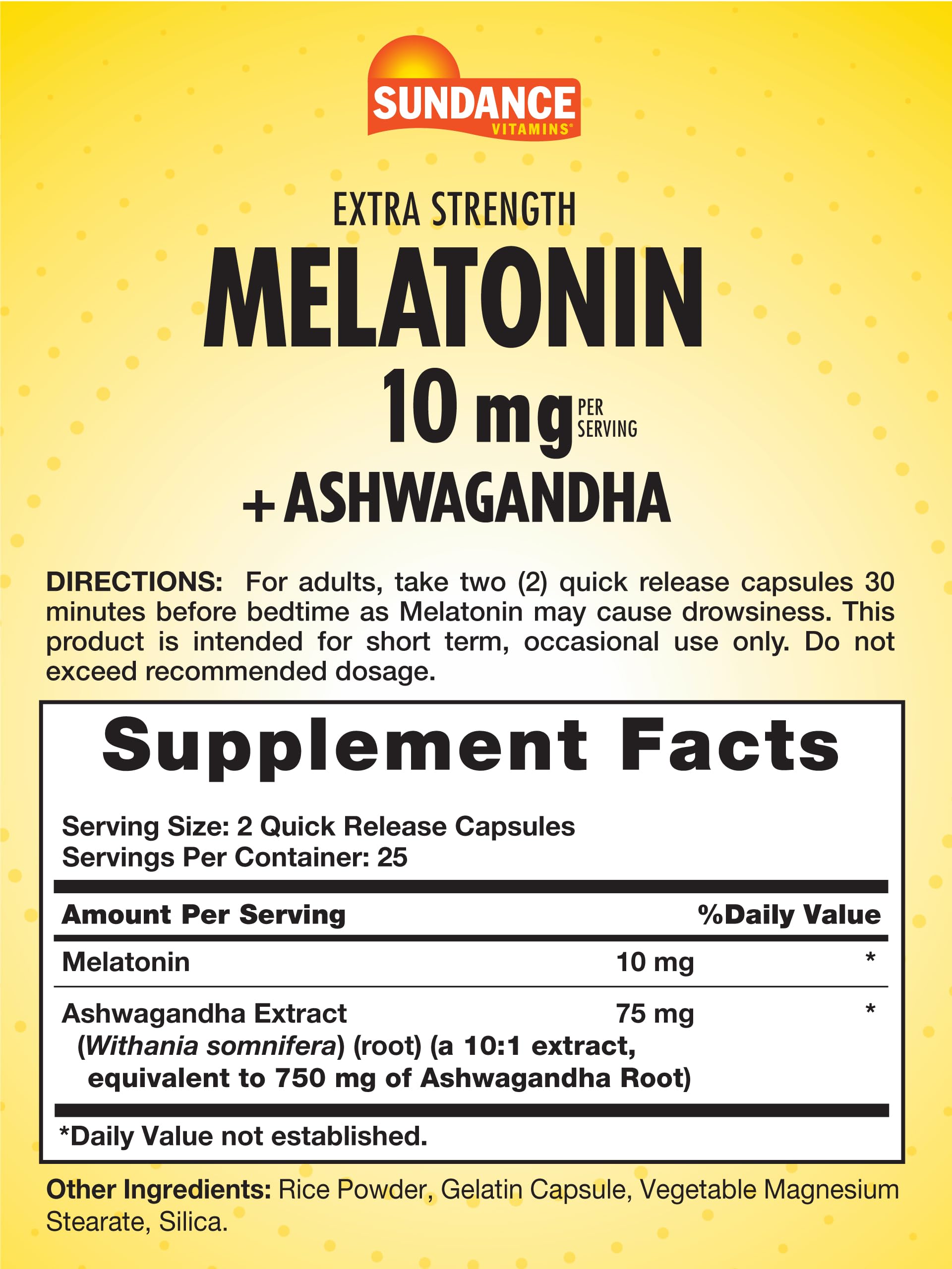 Sundance Melatonin 10mg with Ashwagandha capsules side view