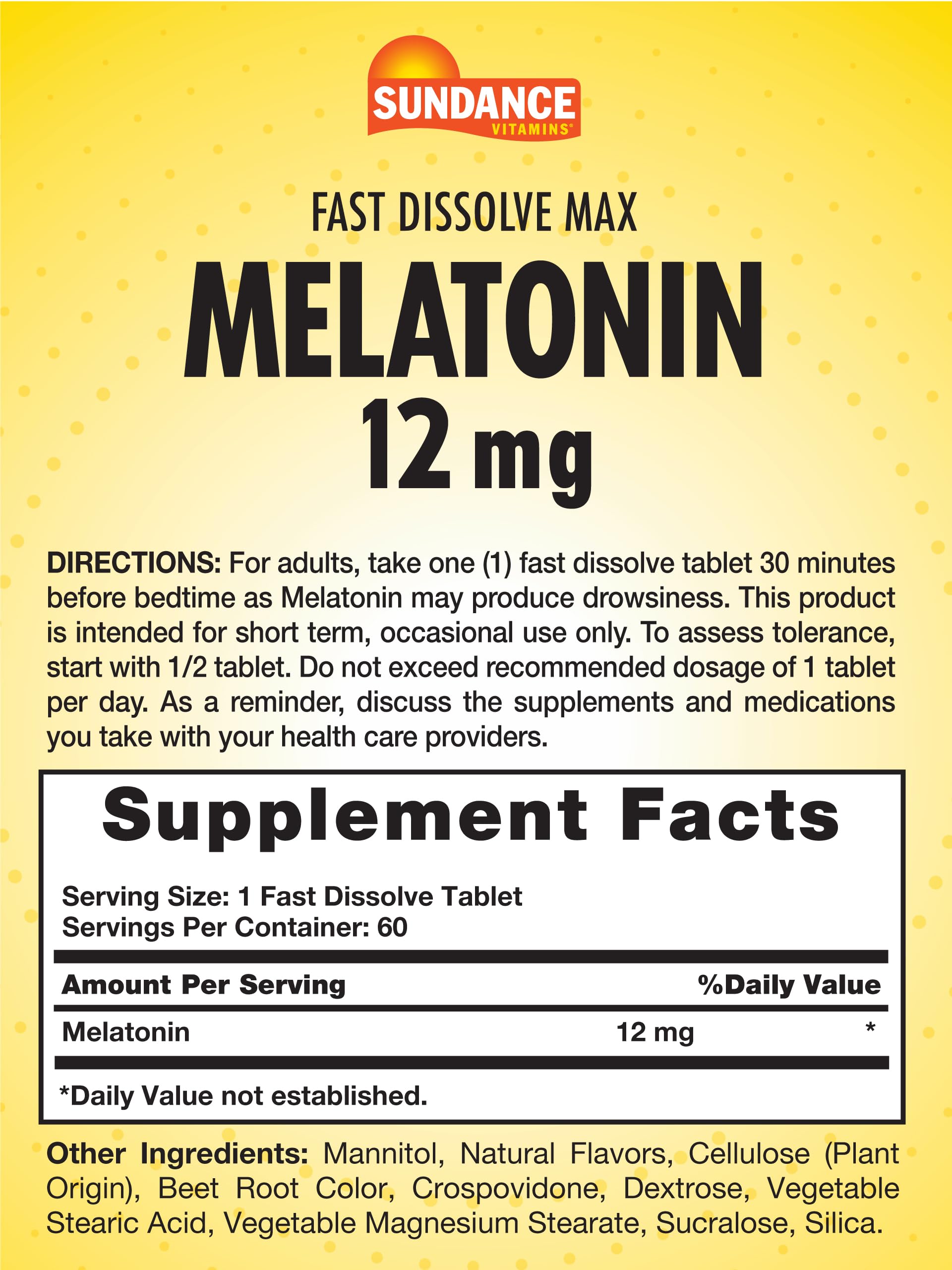 Sundance Melatonin 12mg Fast Dissolve Tablets showing tablet size and shape