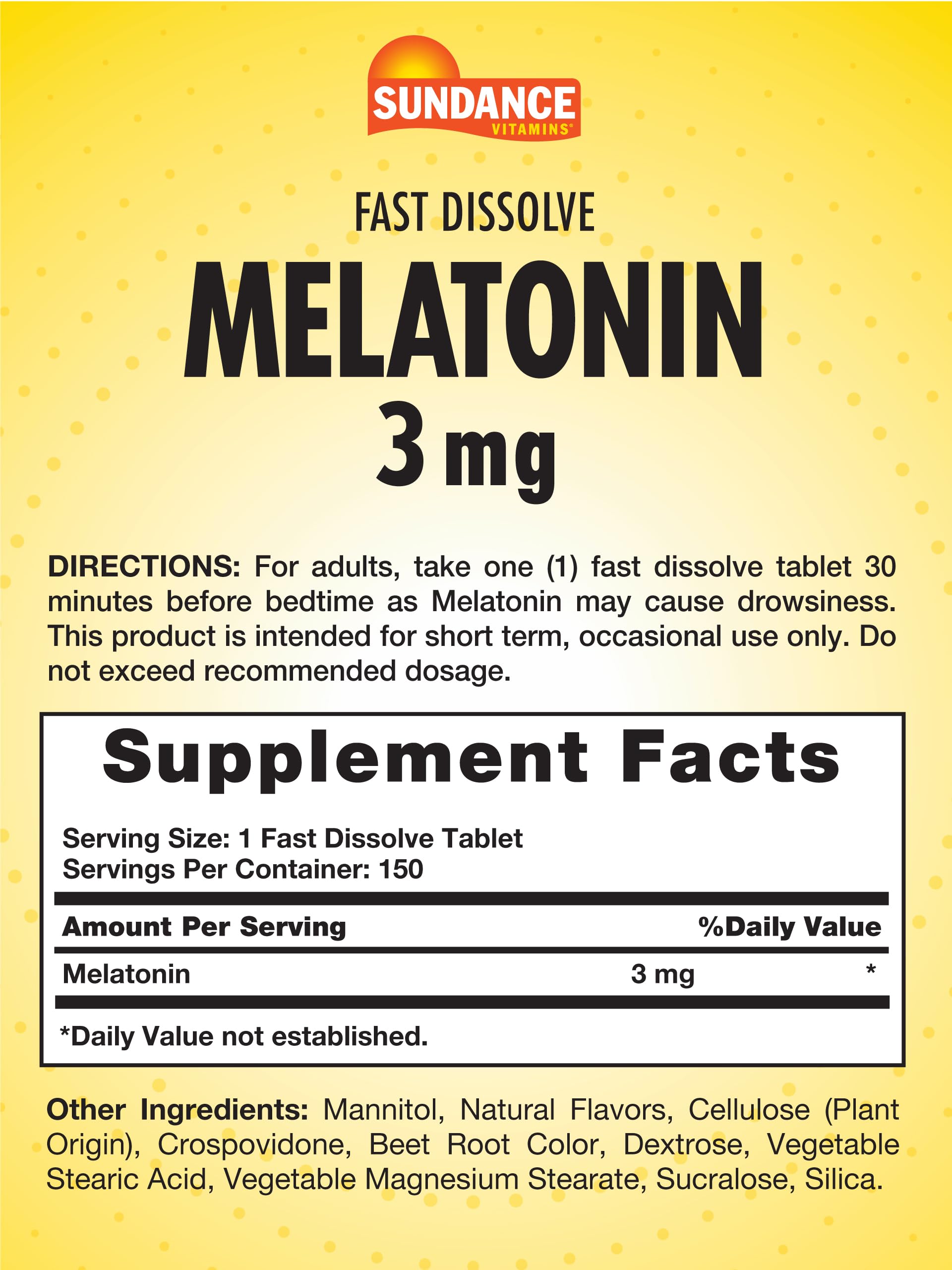 Sundance Melatonin 3 mg Fast Dissolve Tablets side view showing tablet details