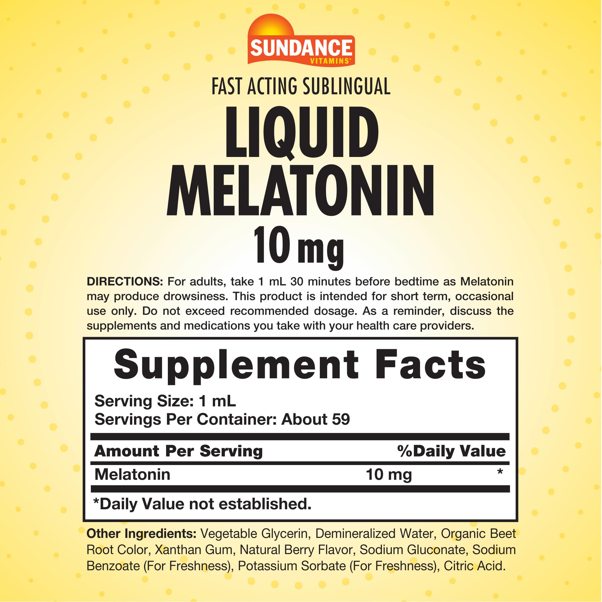 Sundance Melatonin Liquid 10mg Berry Flavour bottle with dropper