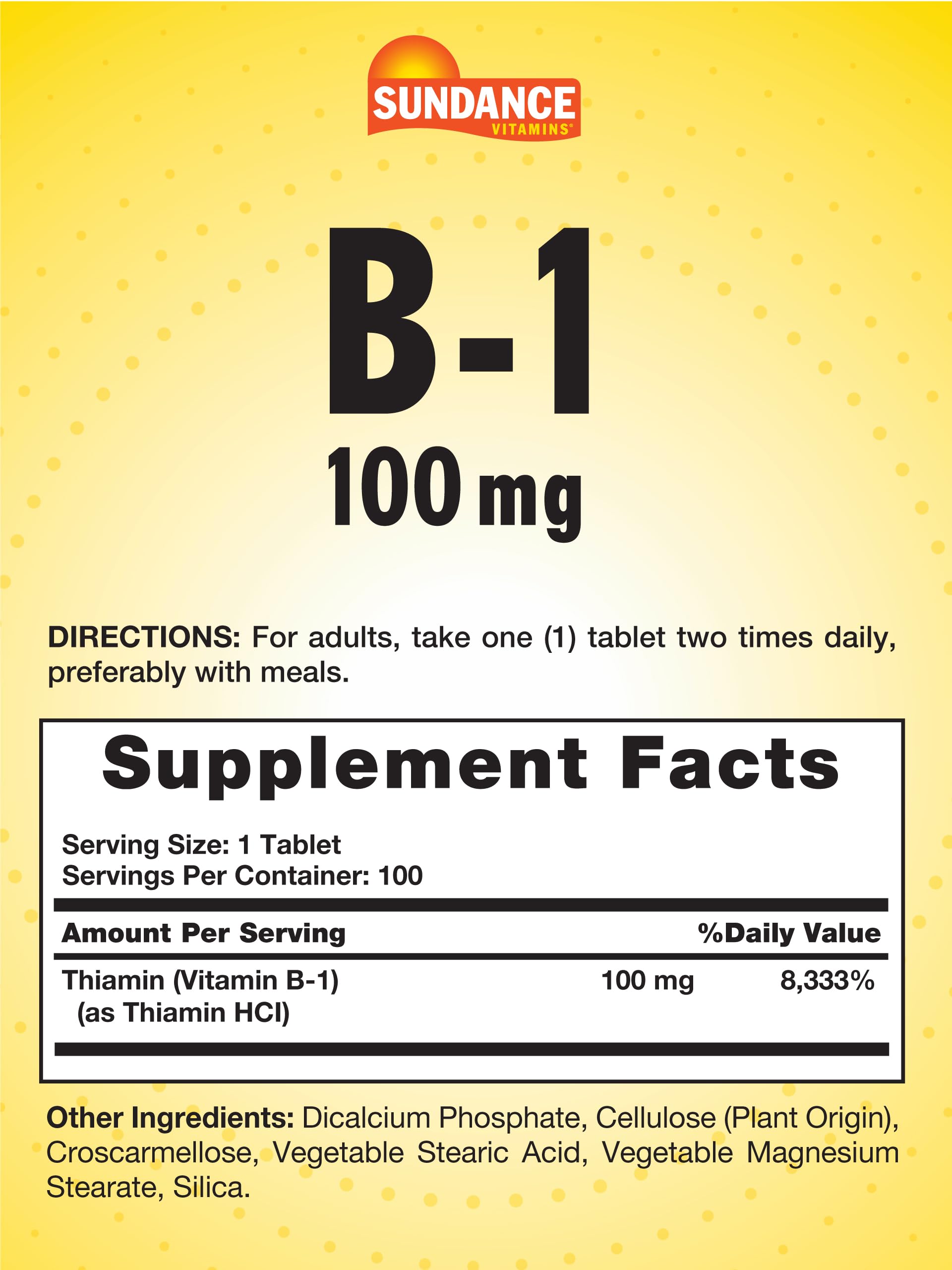 Sundance Vitamin B-1 Tablets 100 mg back view with ingredients