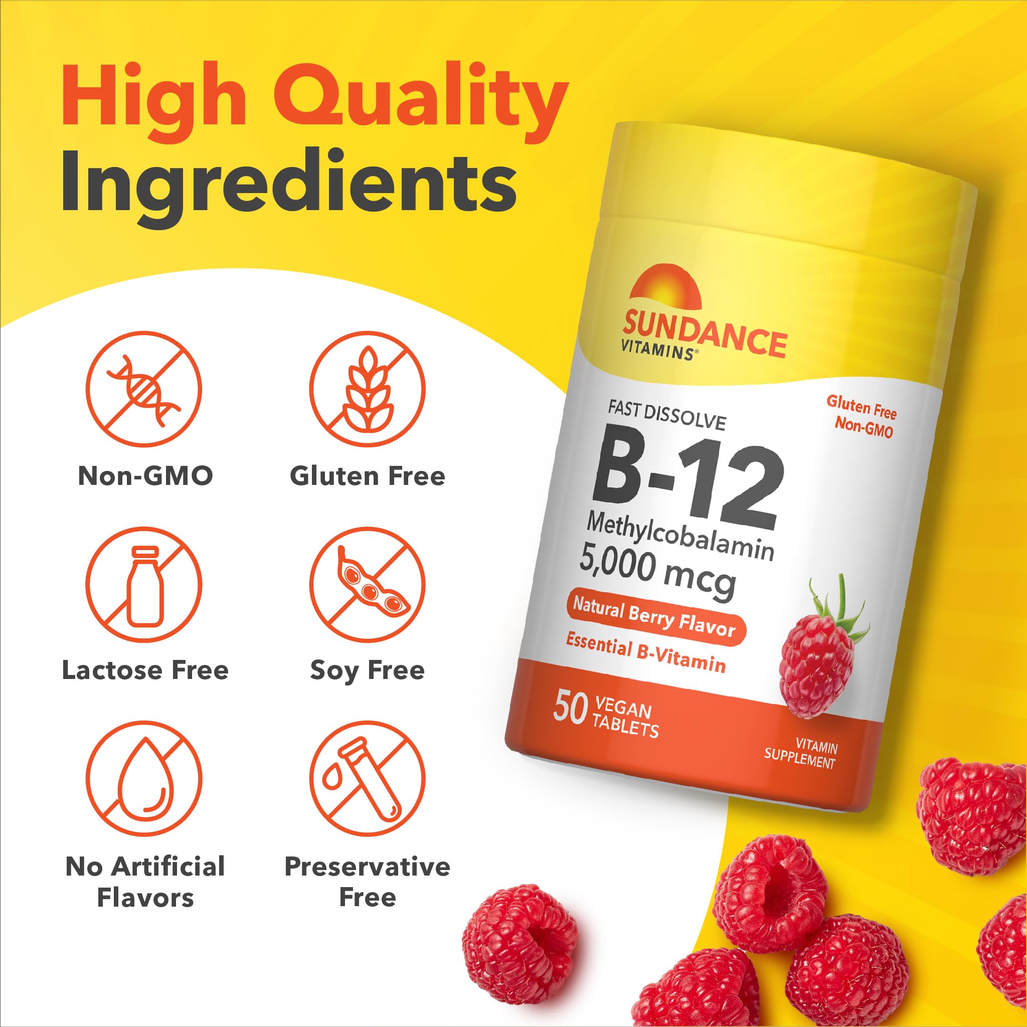 Sundance Vitamin B12 Fast Dissolve Tablets on a wooden table
