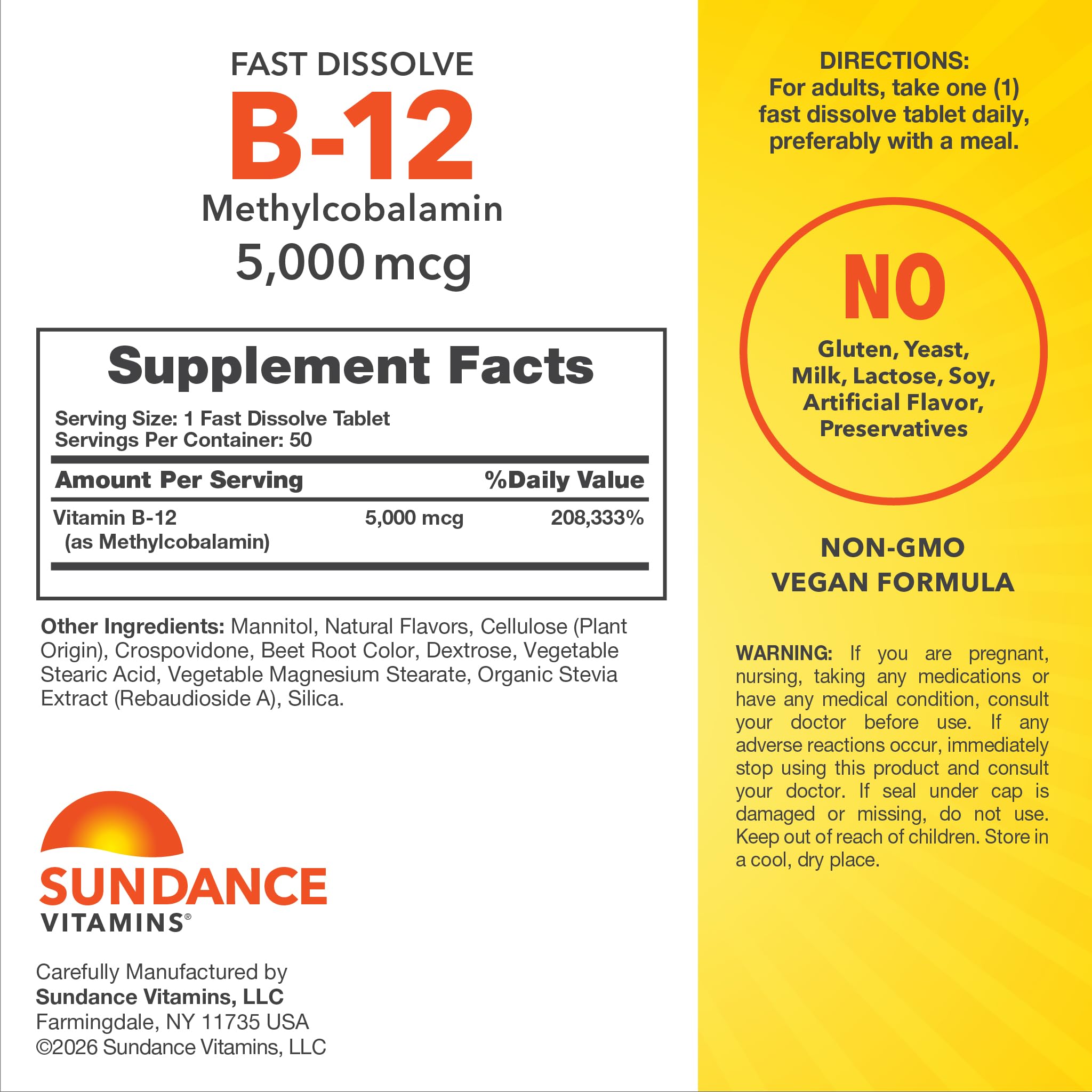 Sundance Vitamin B12 Fast Dissolve Tablets packaging with dosage information