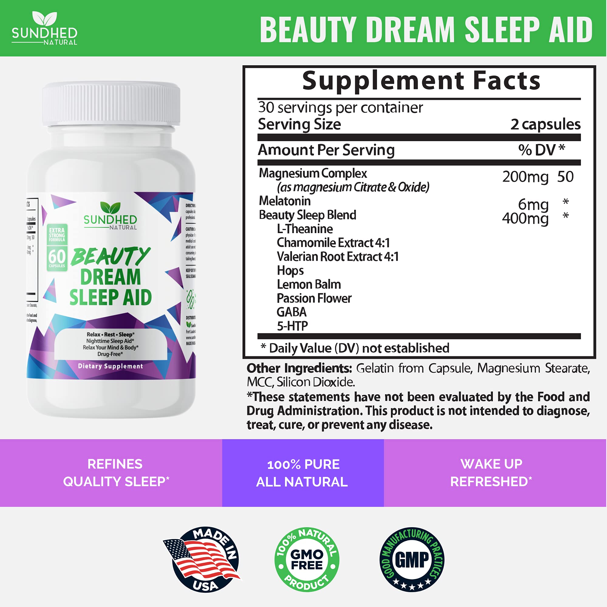 Sundhed Natural Beauty Dream Sleep Aid capsules on a wooden surface