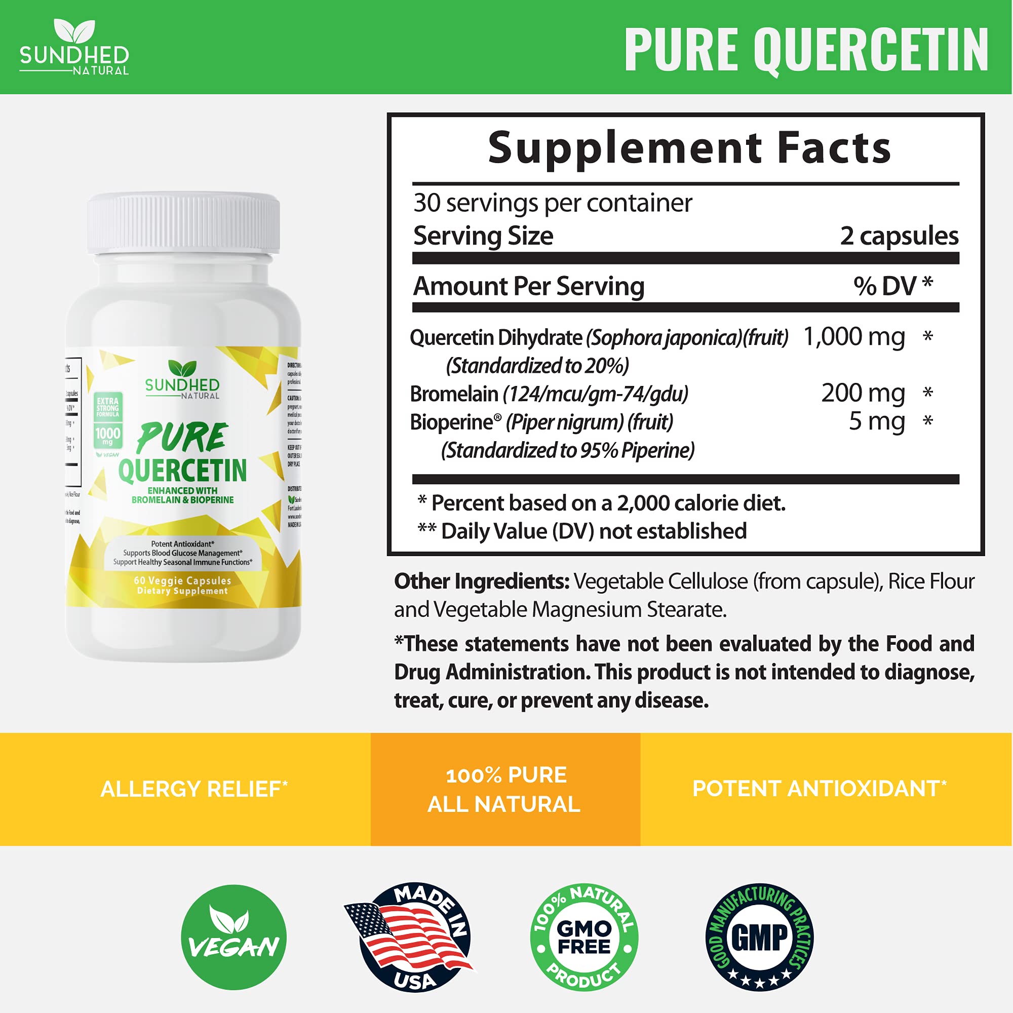 Sundhed Natural Quercetin Capsules bottle on a wooden table