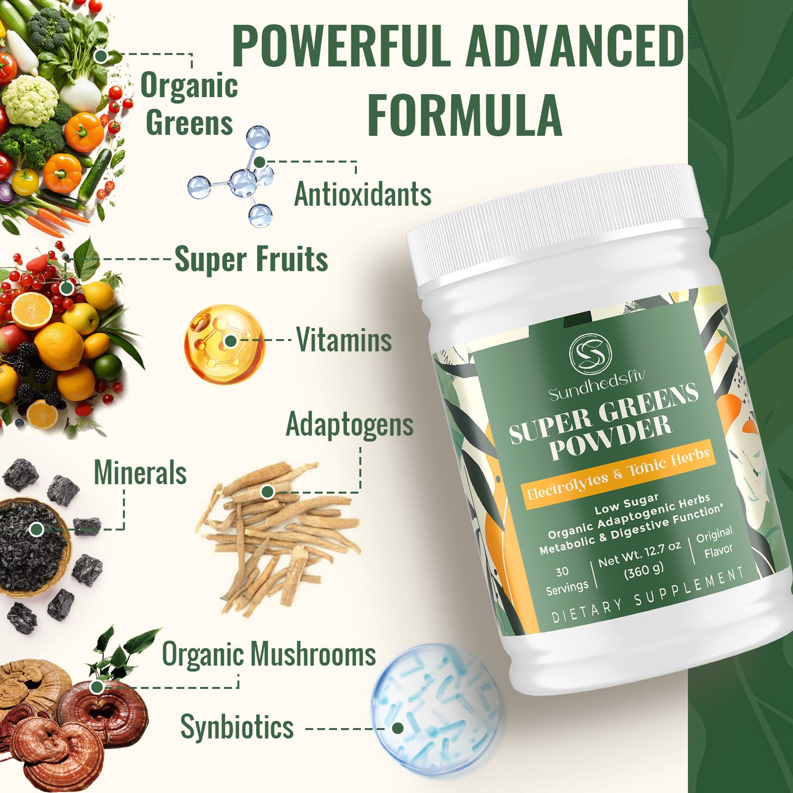 Sundhedsliv Electrolytes + Greens Powder scoop with powder