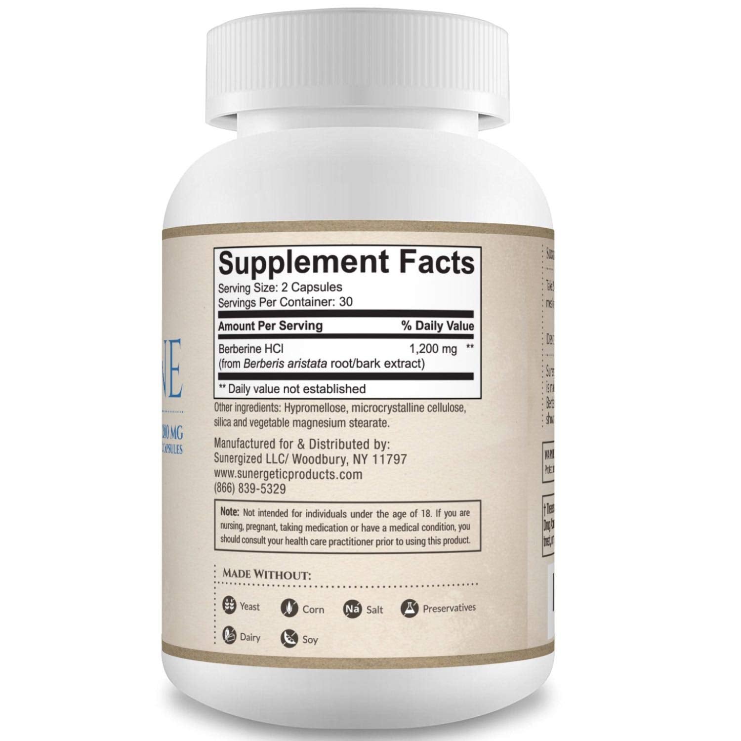 Sunergetic Berberine Supplement 600mg capsules on a table