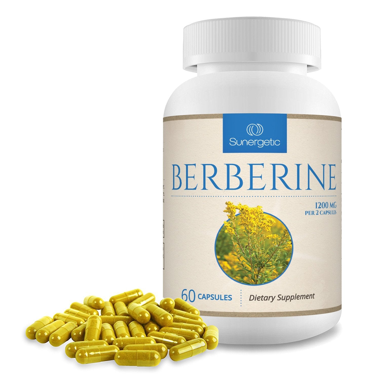 Sunergetic Berberine Supplement 600mg capsules with a measuring spoon