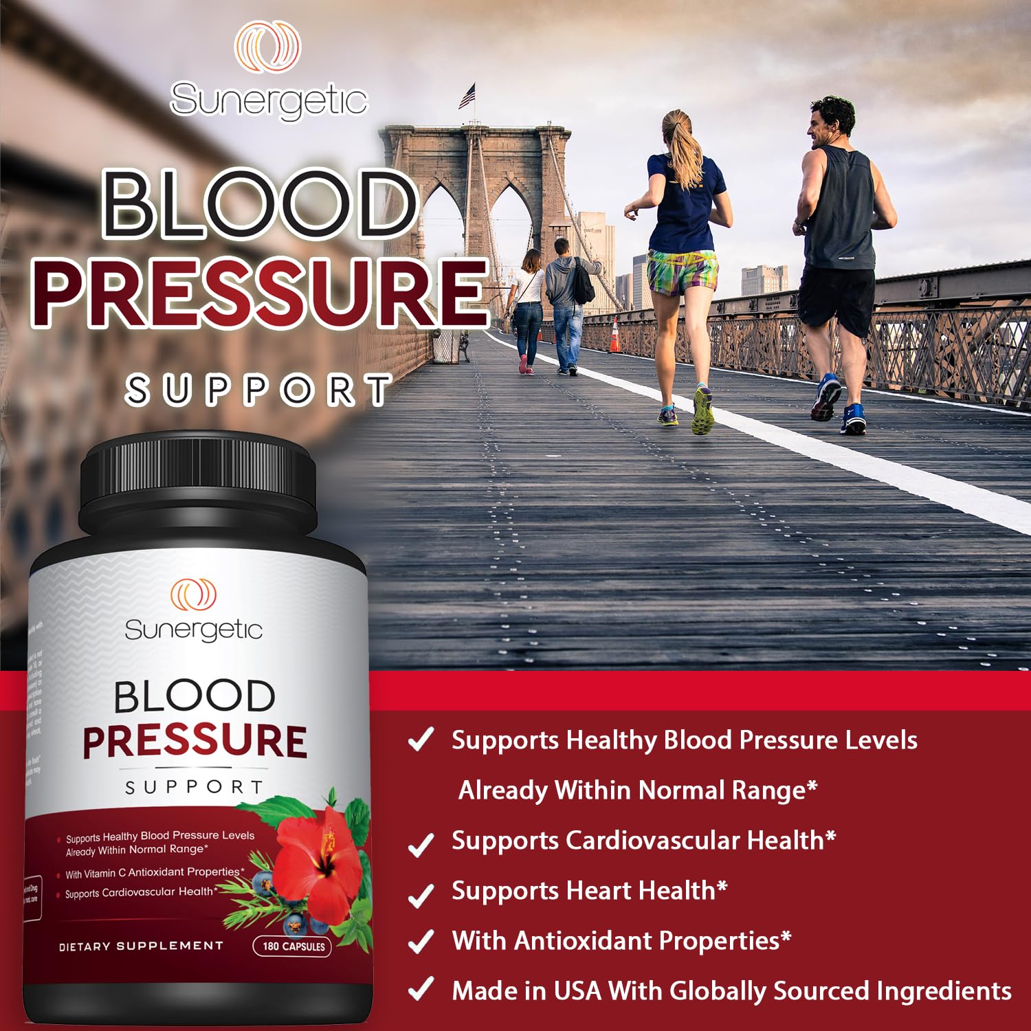 Sunergetic Blood Pressure Support Supplement capsules on a table