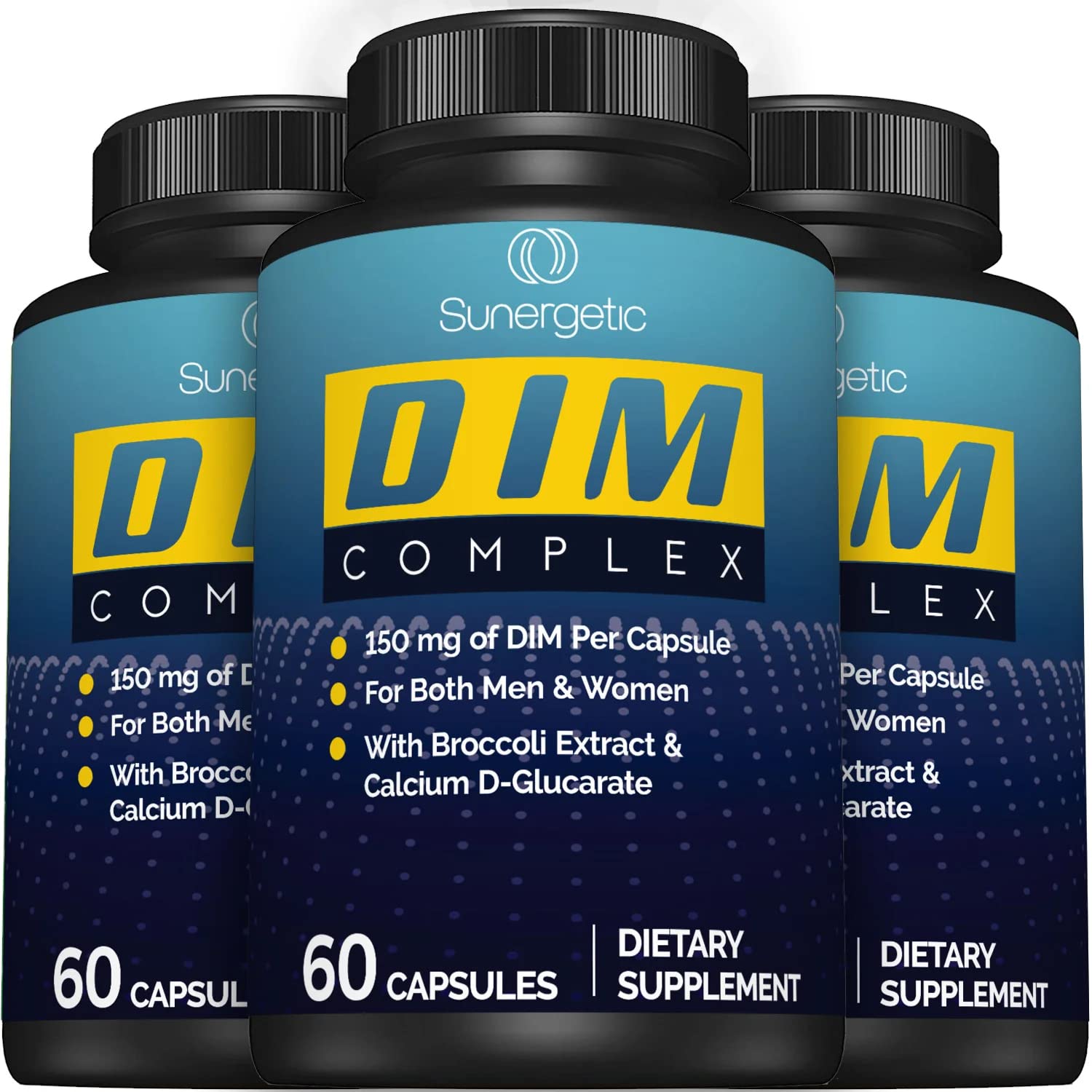 Sunergetic DIM Supplement 150mg capsules in a clear bottle