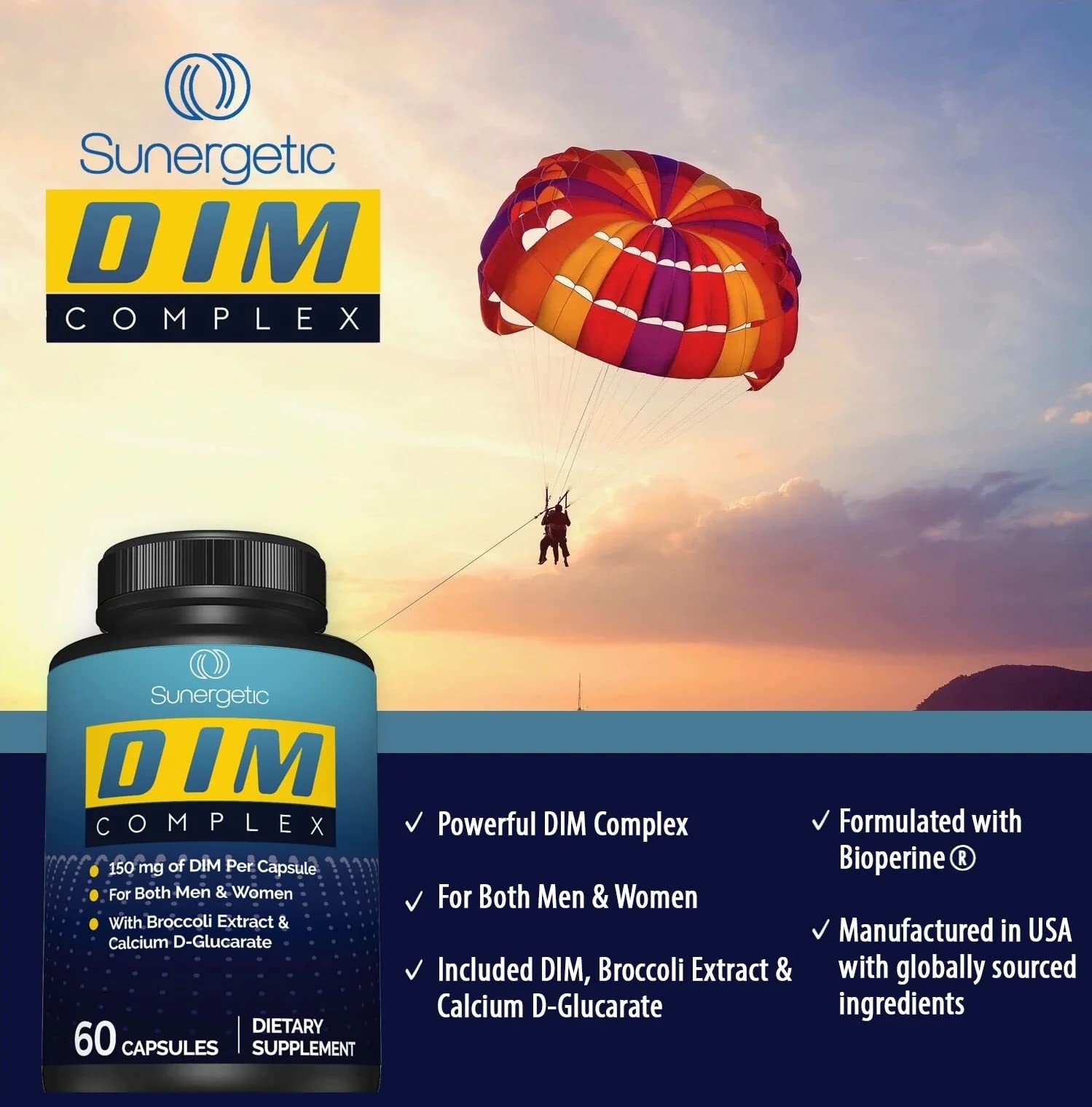 Sunergetic DIM Supplement 150mg capsules in a hand