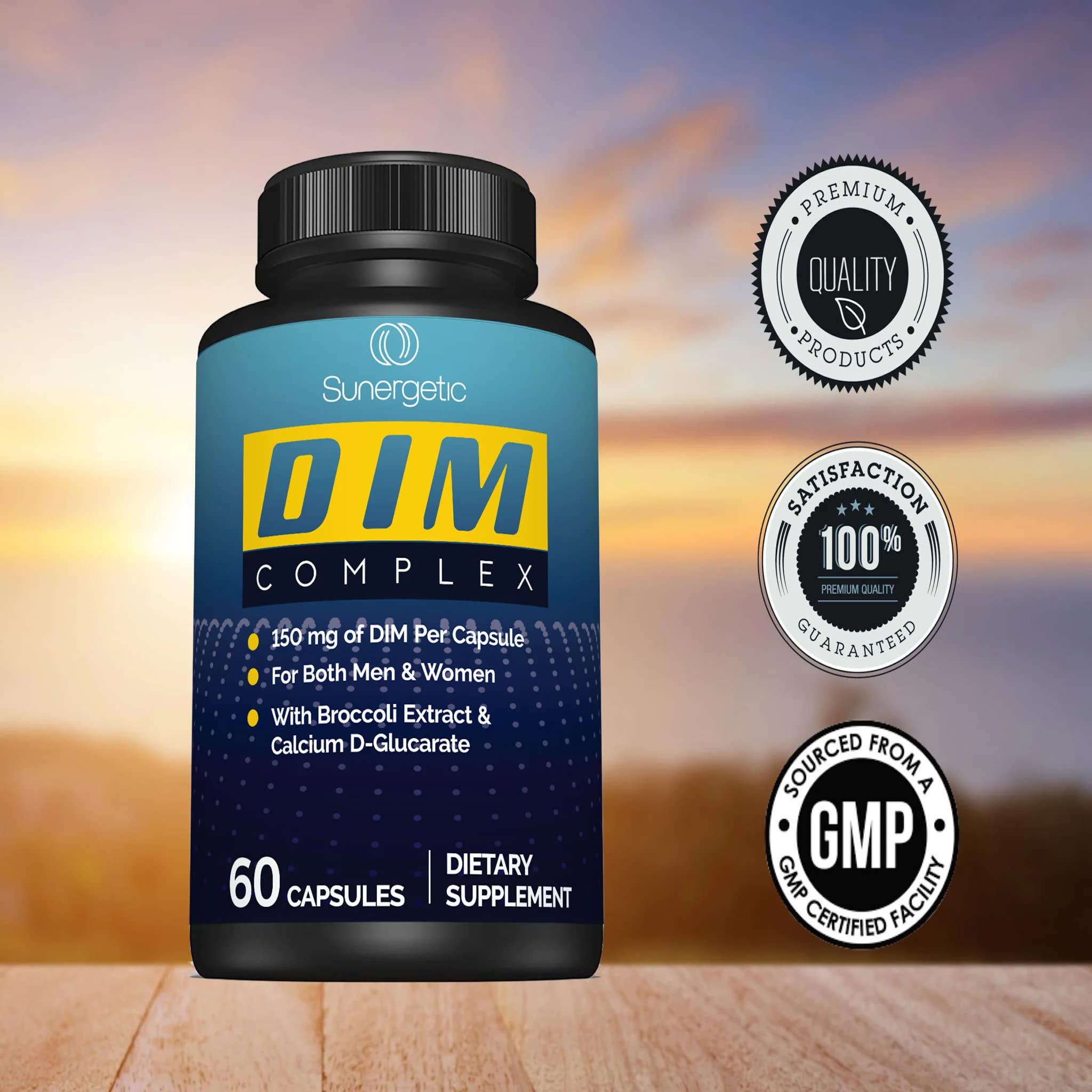 Sunergetic DIM Supplement 150mg on a wooden table