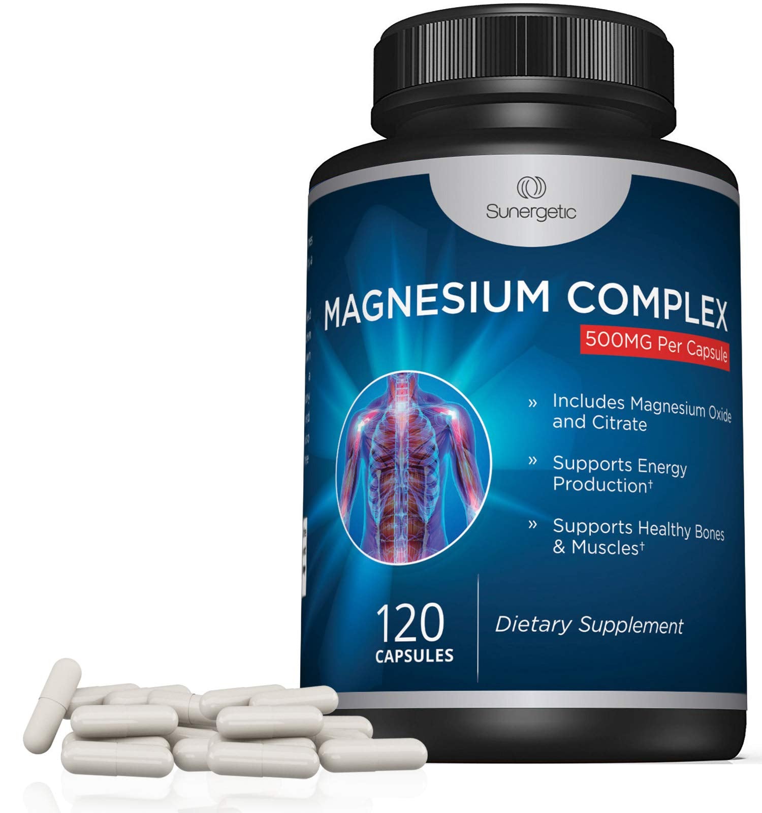 Sunergetic Magnesium Supplement capsules in hand