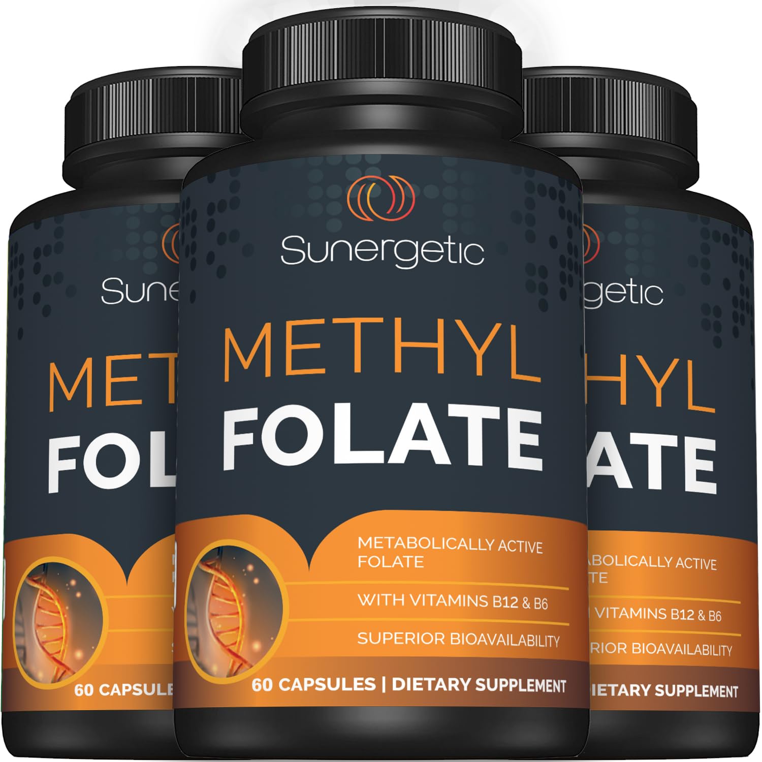 Sunergetic Methyl Folate Supplement bottle with a clean white background