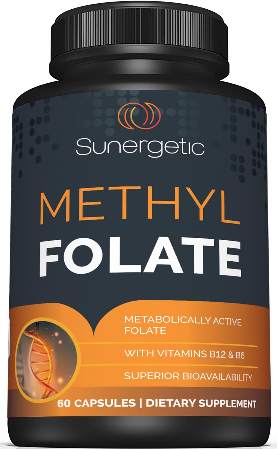 Sunergetic Methyl Folate Supplement front view with capsule bottle