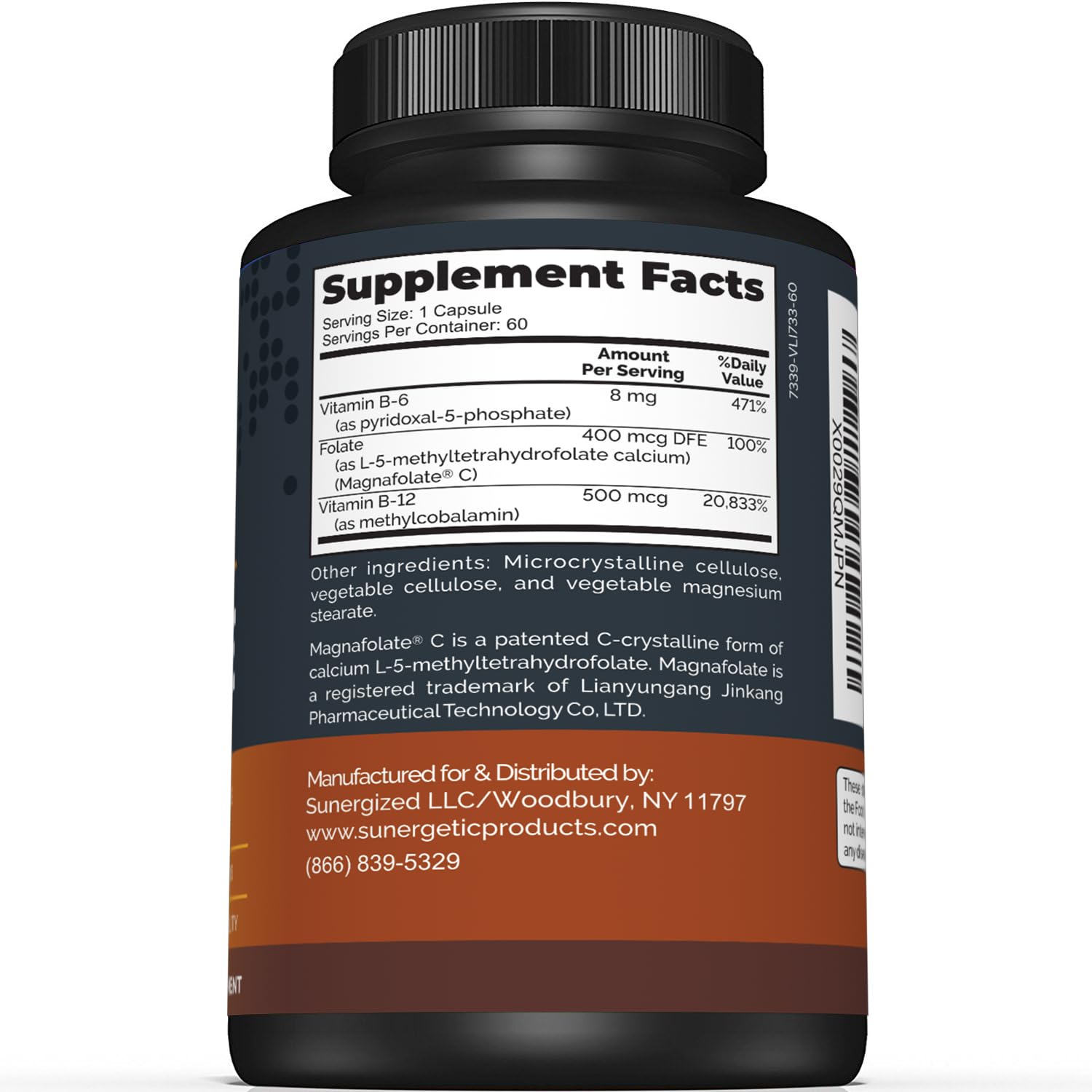 Sunergetic Methyl Folate Supplement side view showing label details