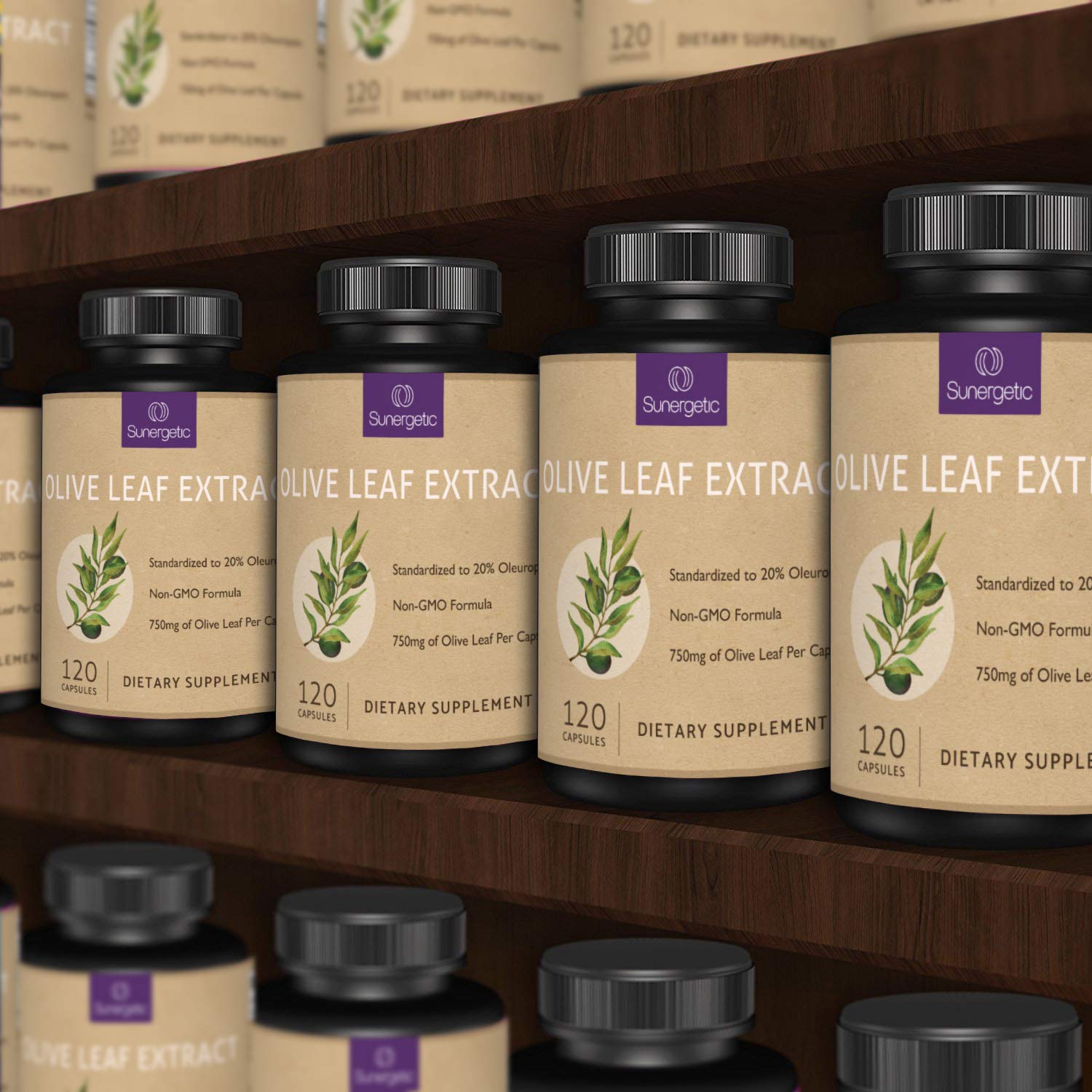 Sunergetic Olive Leaf Extract Capsules on a wooden table