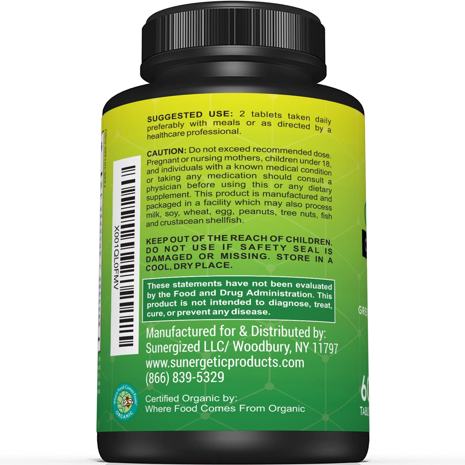 Sunergetic Organic Greens Tablets displayed on a wooden table