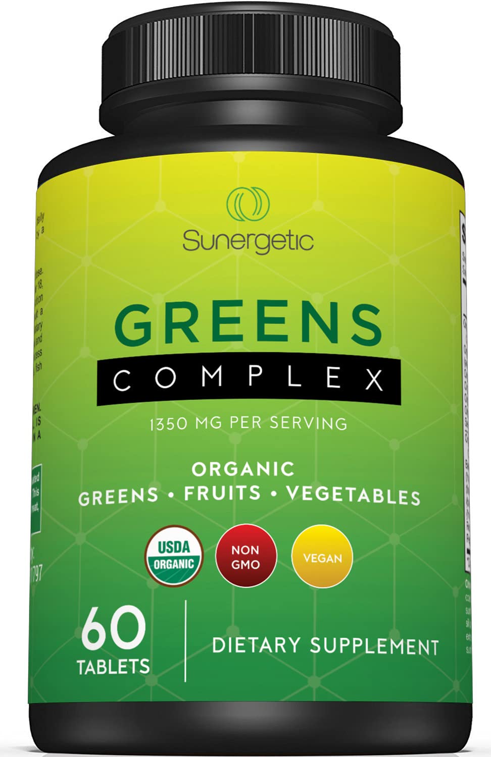 Sunergetic Organic Greens Tablets front view with packaging