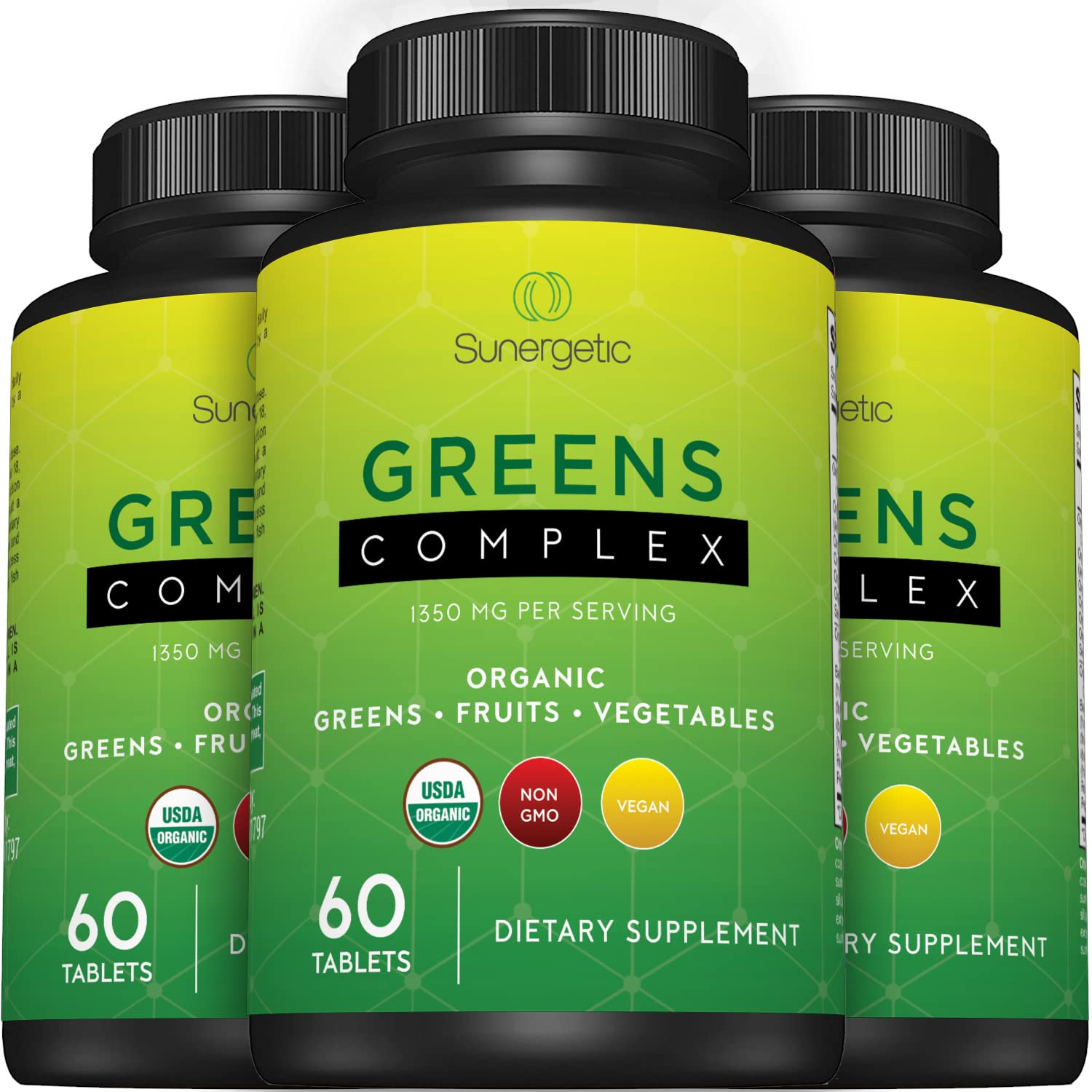 Sunergetic Organic Greens Tablets opened bottle showing tablets