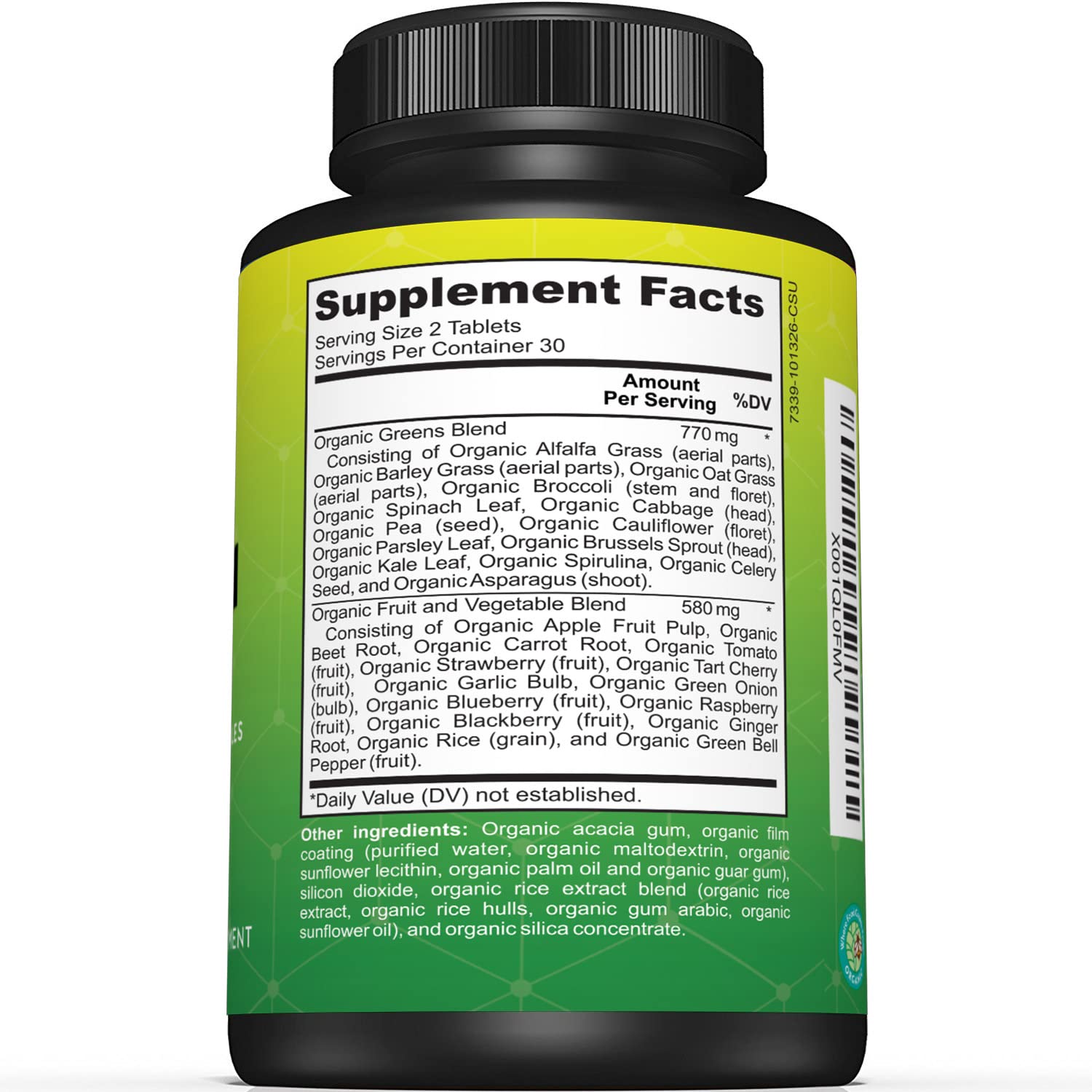 Sunergetic Organic Greens Tablets side view showing tablet size