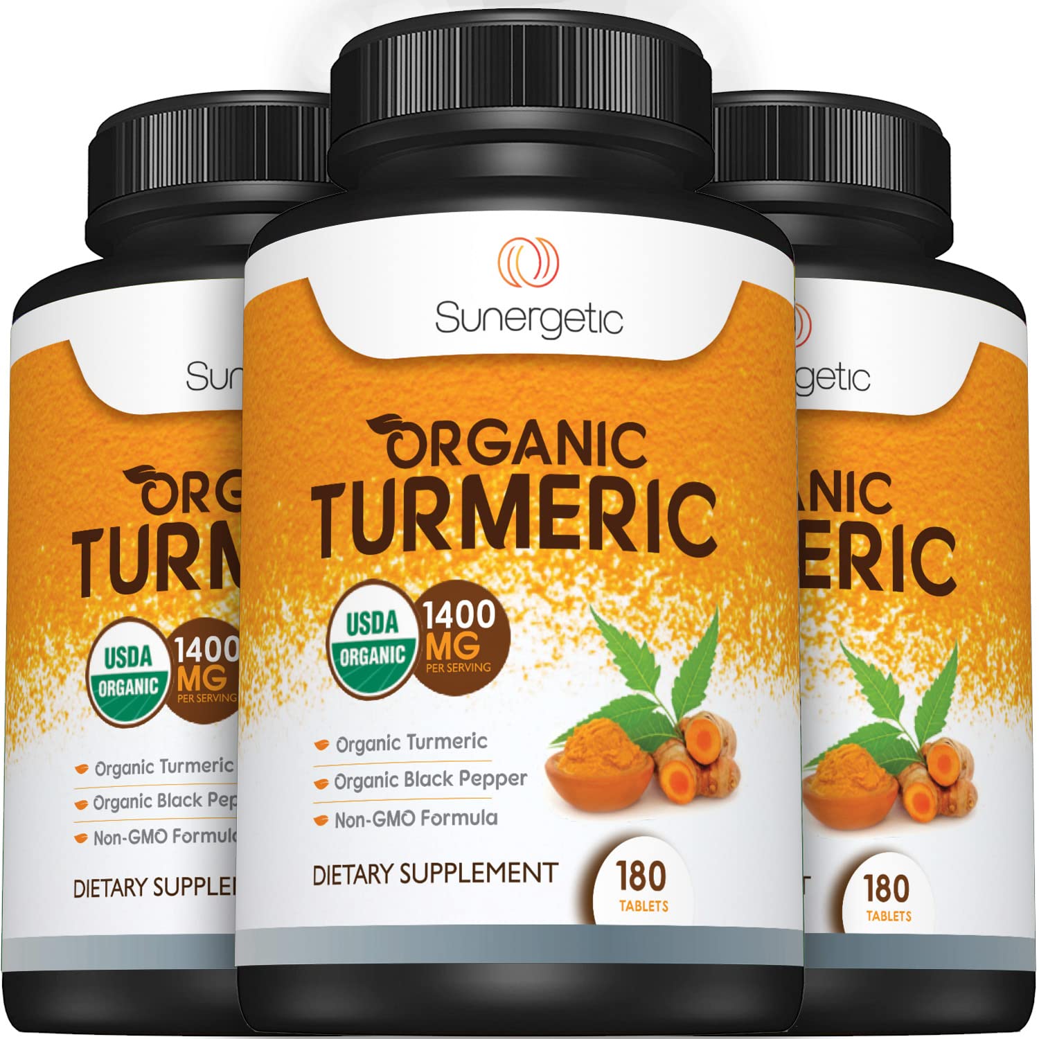 Sunergetic Organic Turmeric Supplement 1400mg on a kitchen counter