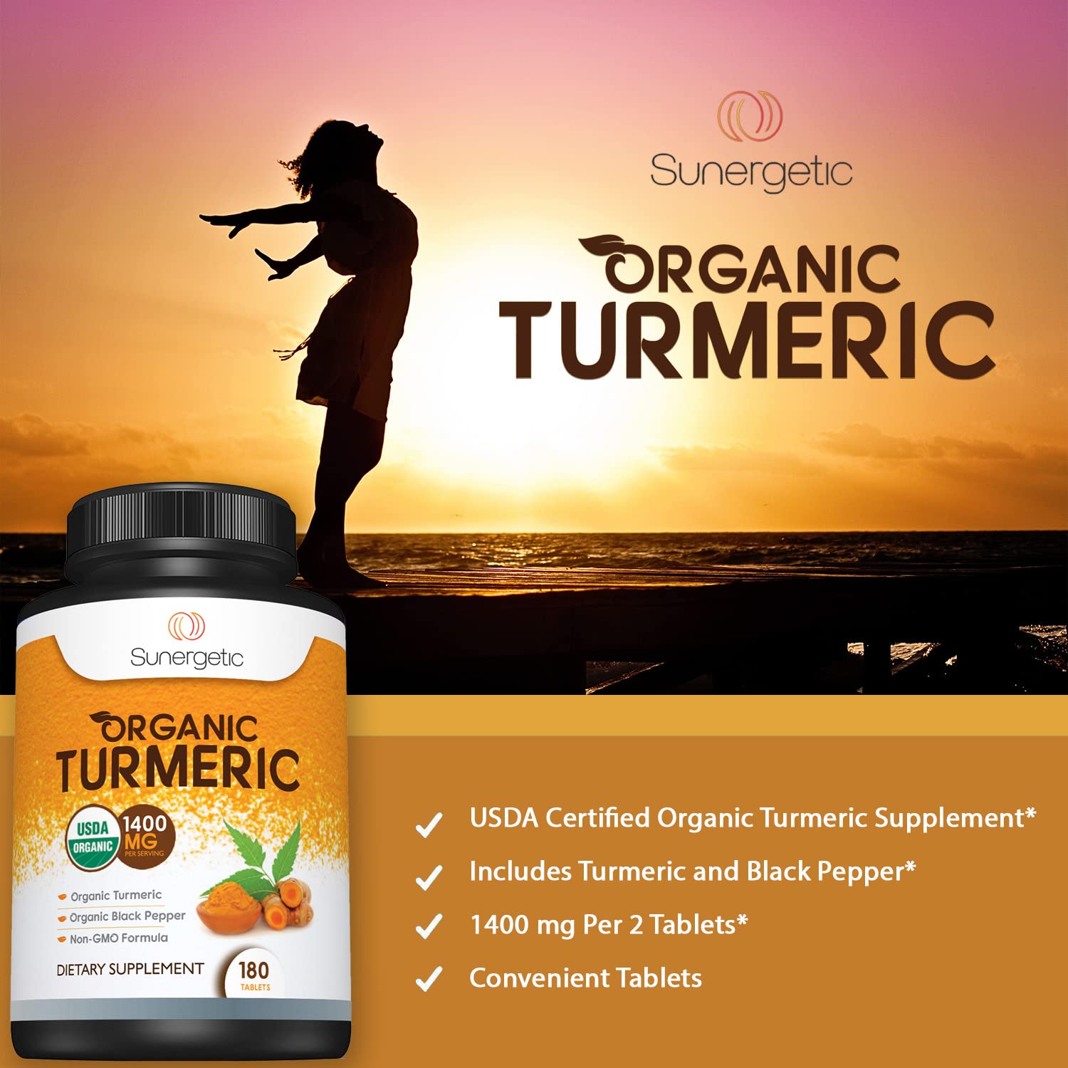 Sunergetic Organic Turmeric Supplement 1400mg tablets in hand
