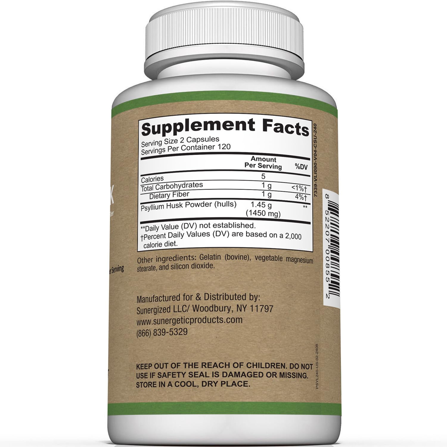Sunergetic Psyllium Husk Capsules 268g side view