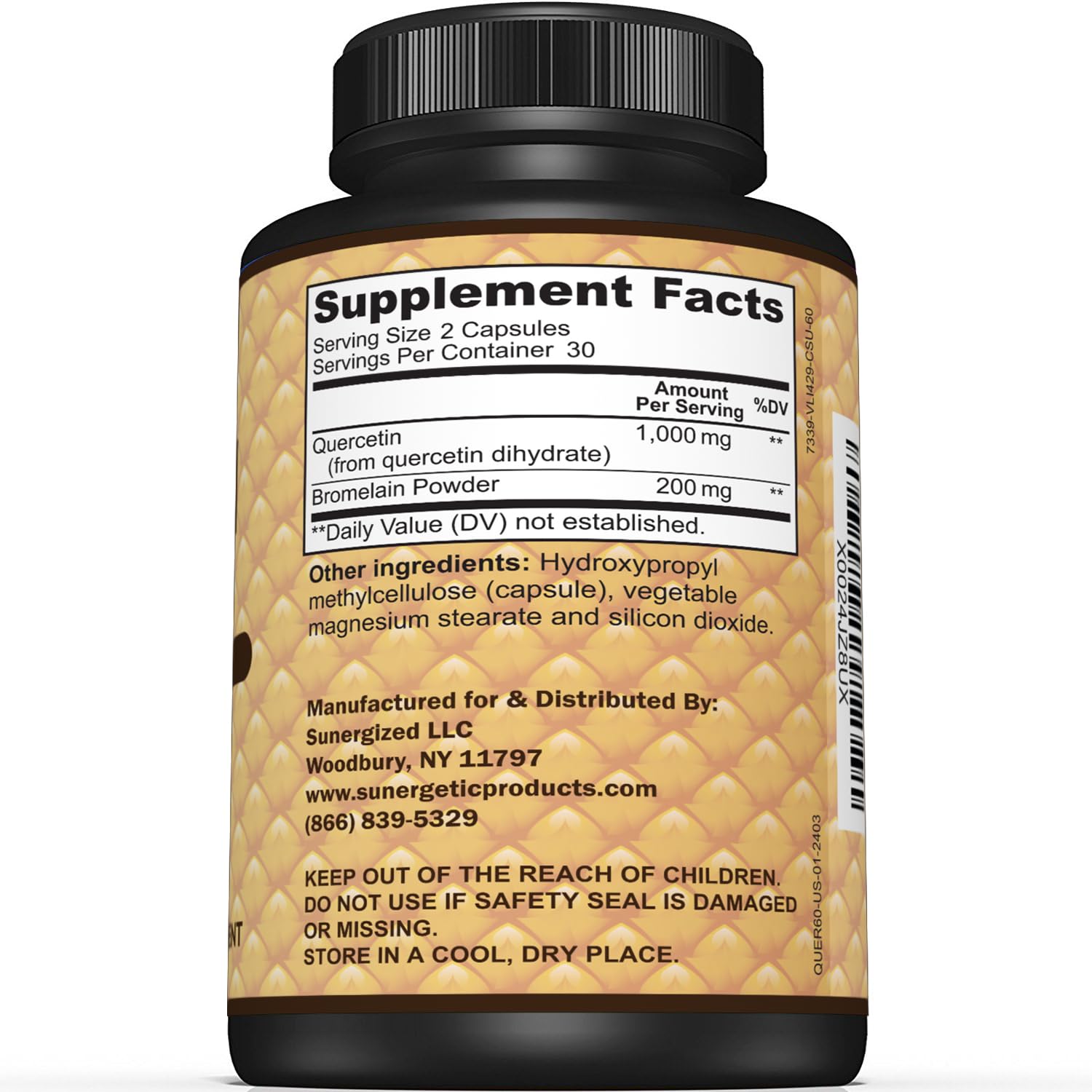 Sunergetic Quercetin & Bromelain Supplement bottle side view