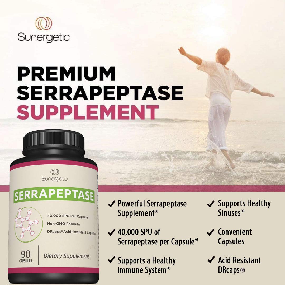 Sunergetic Serrapeptase Enzyme Supplement bottle with capsules