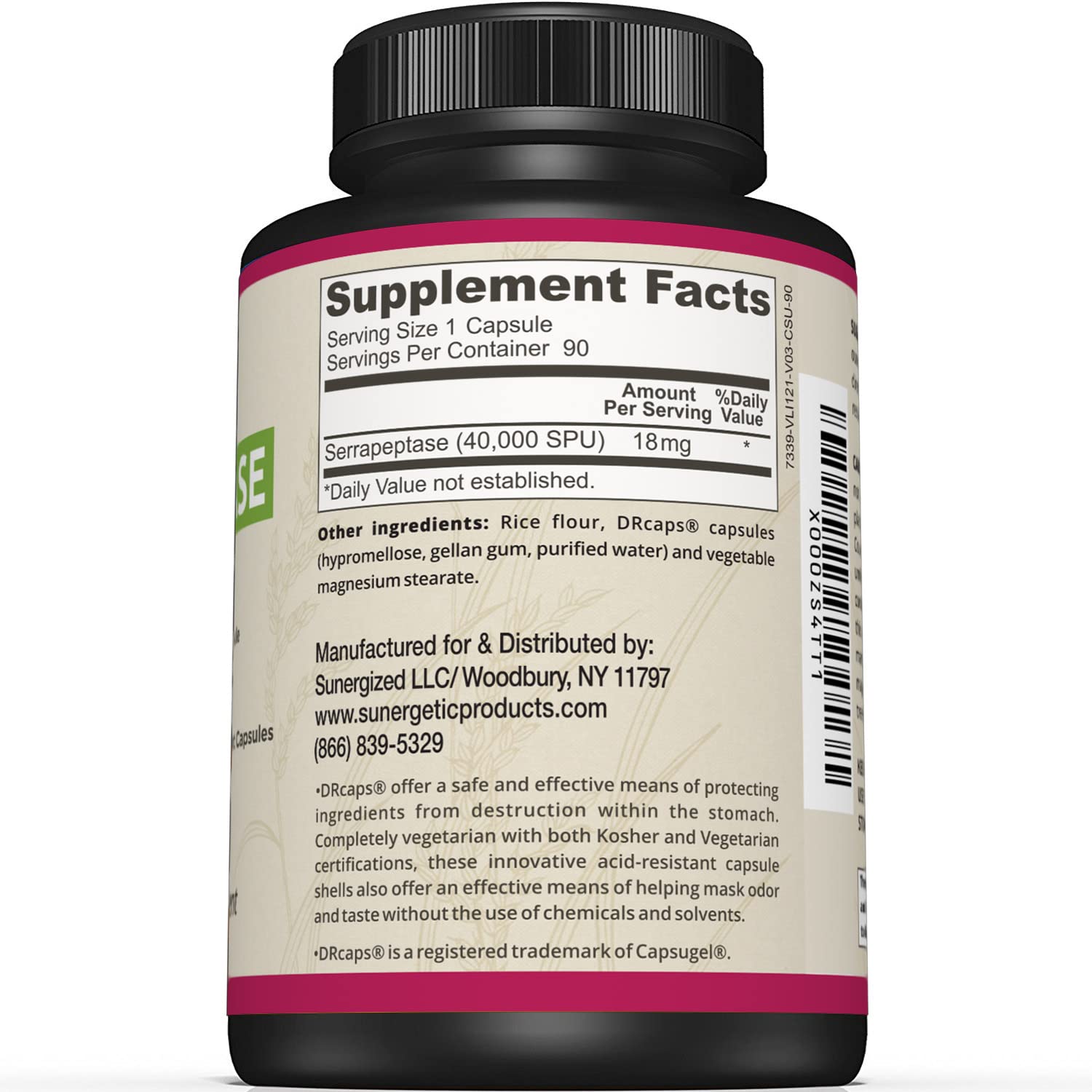 Sunergetic Serrapeptase Enzyme Supplement side view with label