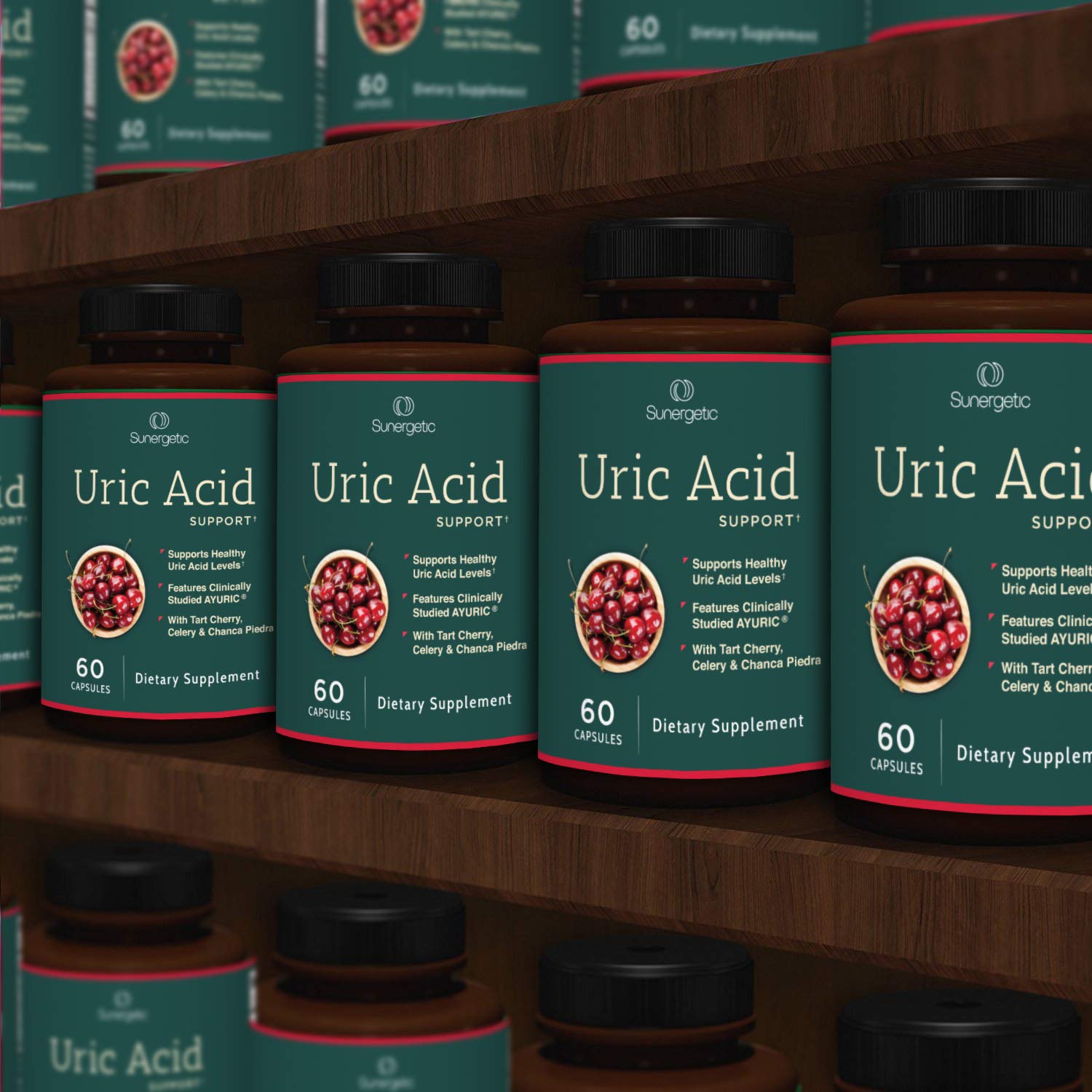 Sunergetic Uric Acid Support Supplement displayed with other herbal supplements