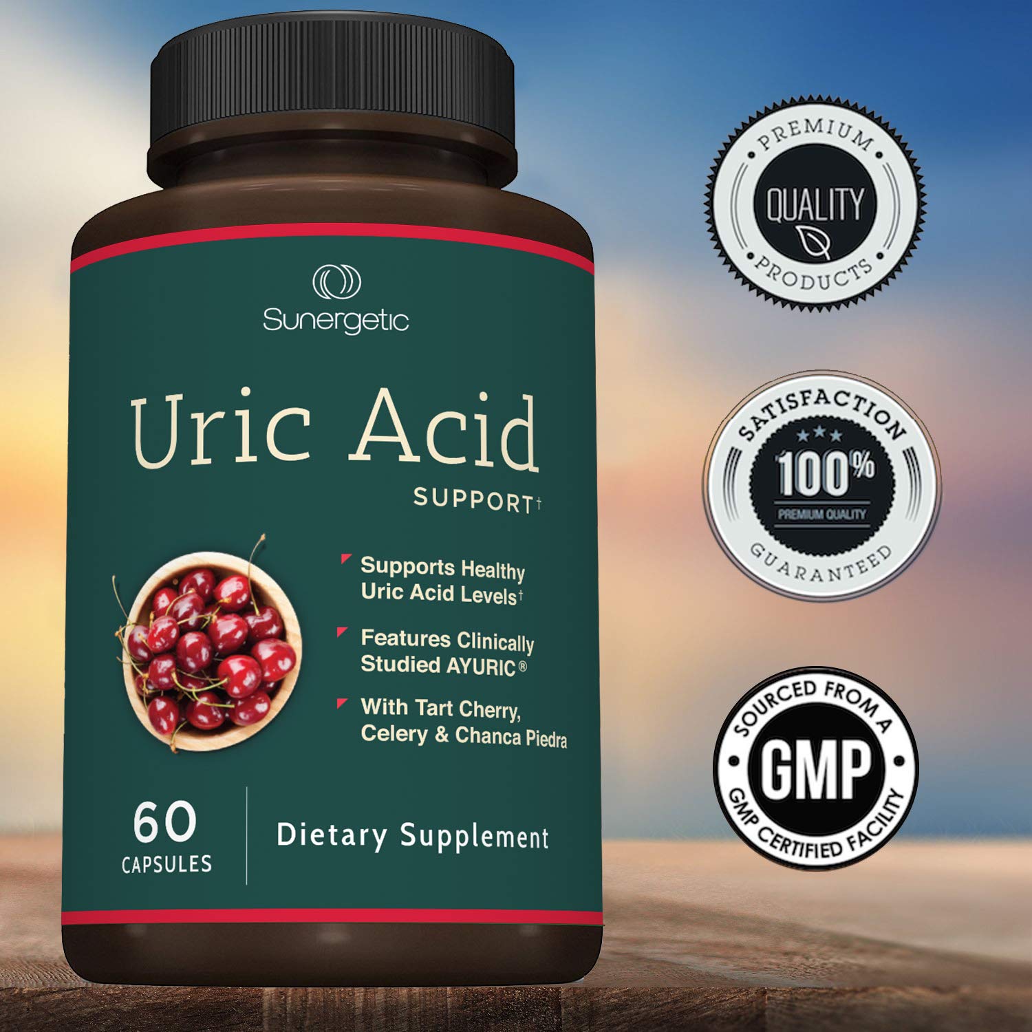 Sunergetic Uric Acid Support Supplement with Tart Cherry on a table