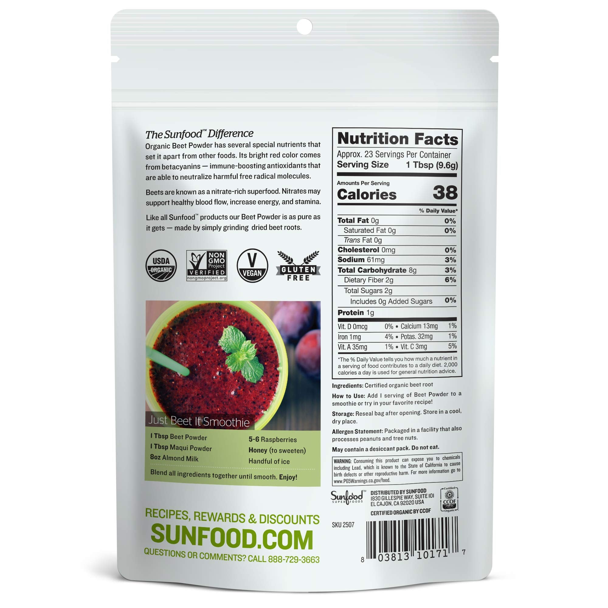 Sunfood Organic Beet Root Powder packaging back view