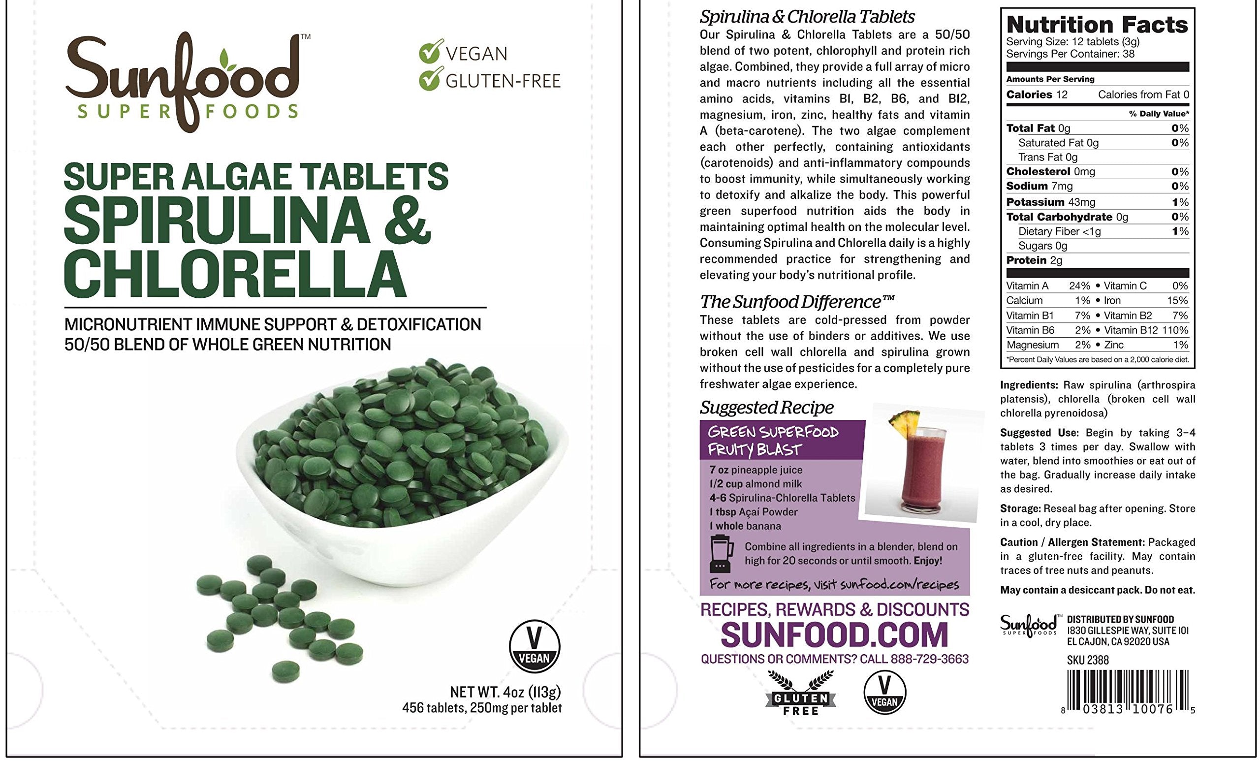 Sunfood Superfoods Chlorella & Spirulina Capsules open bag with capsules