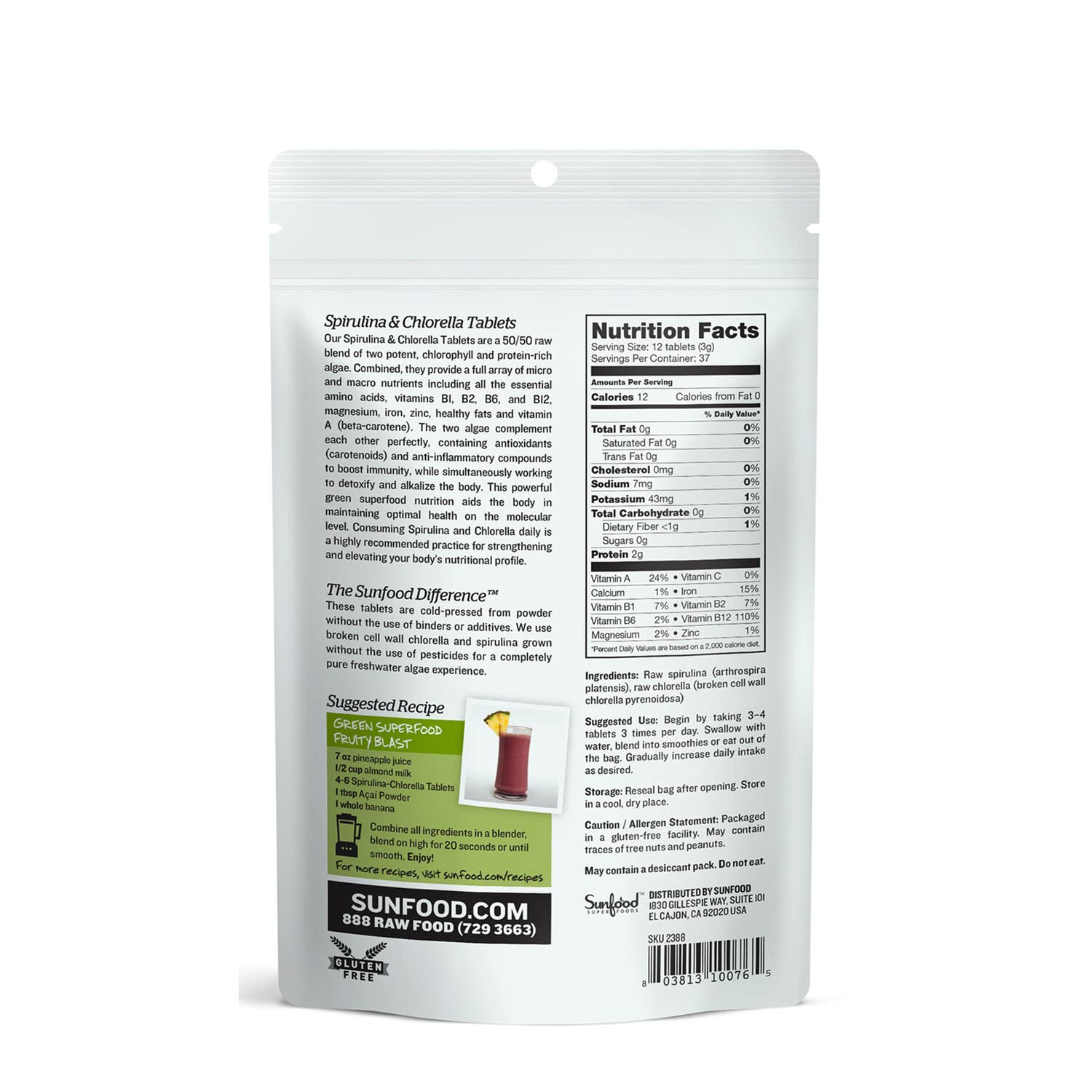 Sunfood Superfoods Chlorella & Spirulina Capsules side view with packaging
