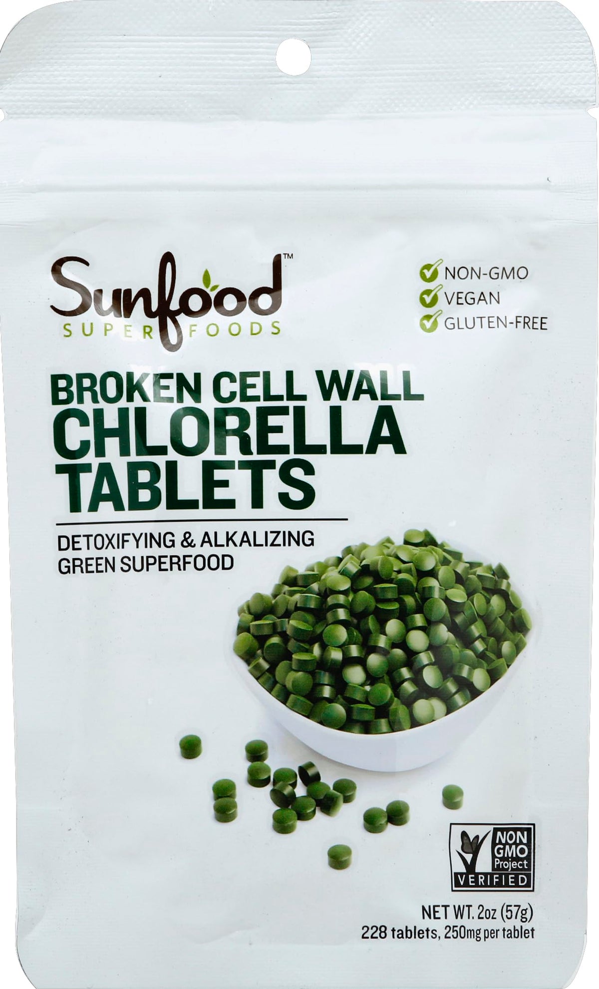 Sunfood Superfoods Chlorella Tablets 59g front view with packaging