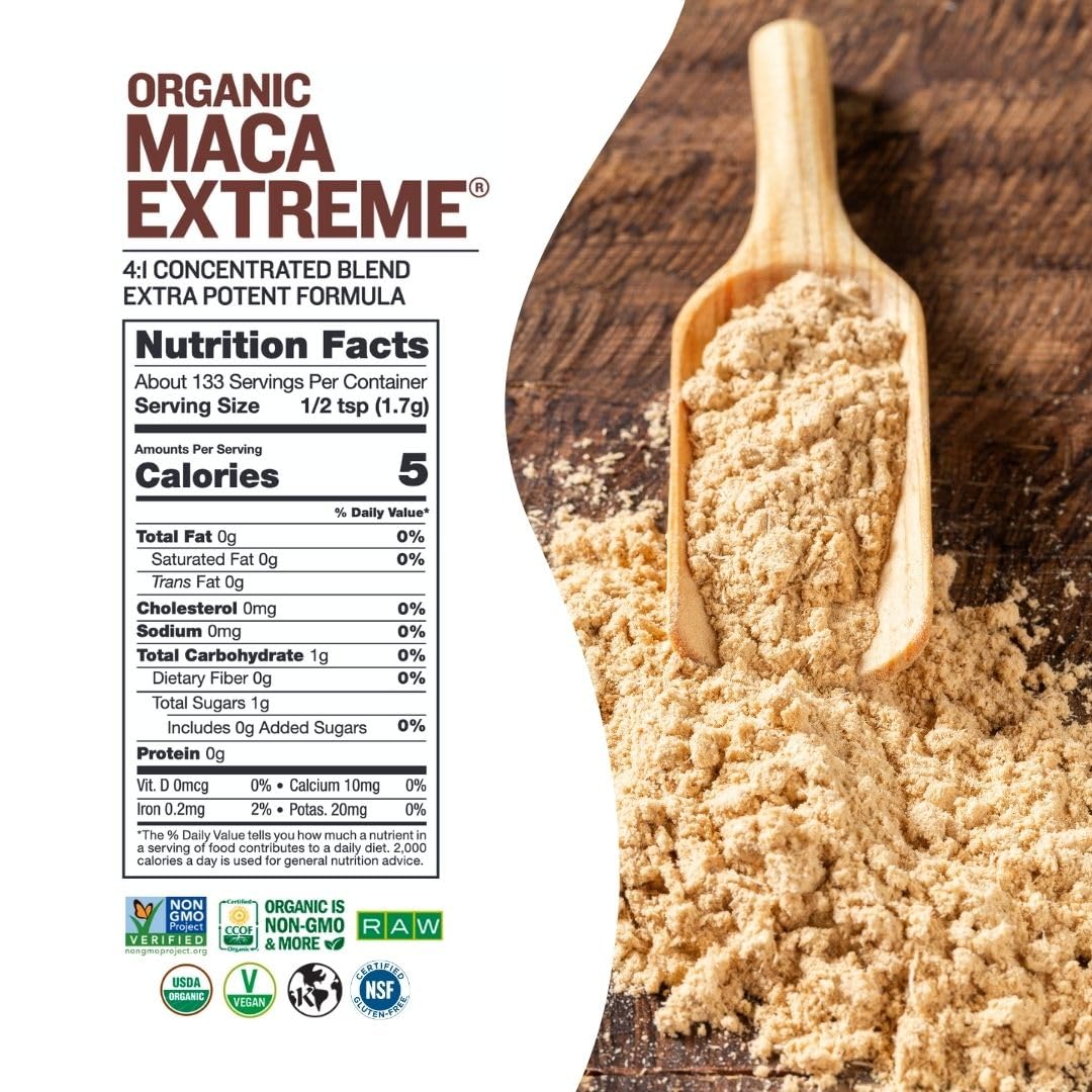 Sunfood Superfoods Maca Extreme Organic Powder scoop with powder