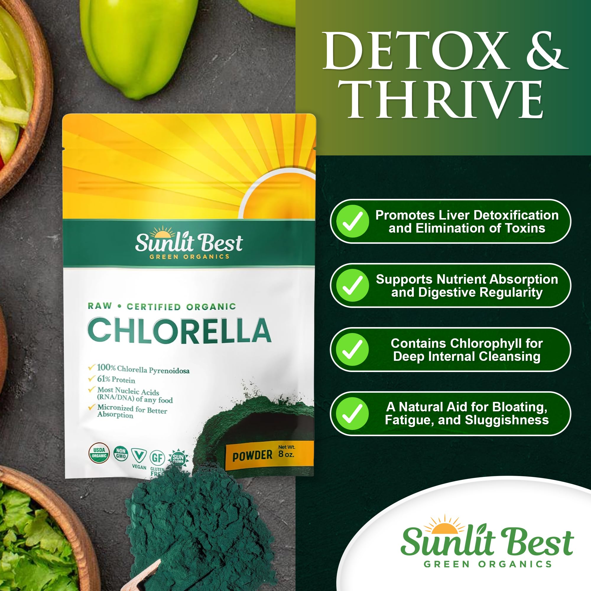 Sunlit Best Green Organics Chlorella Powder mixed in smoothie