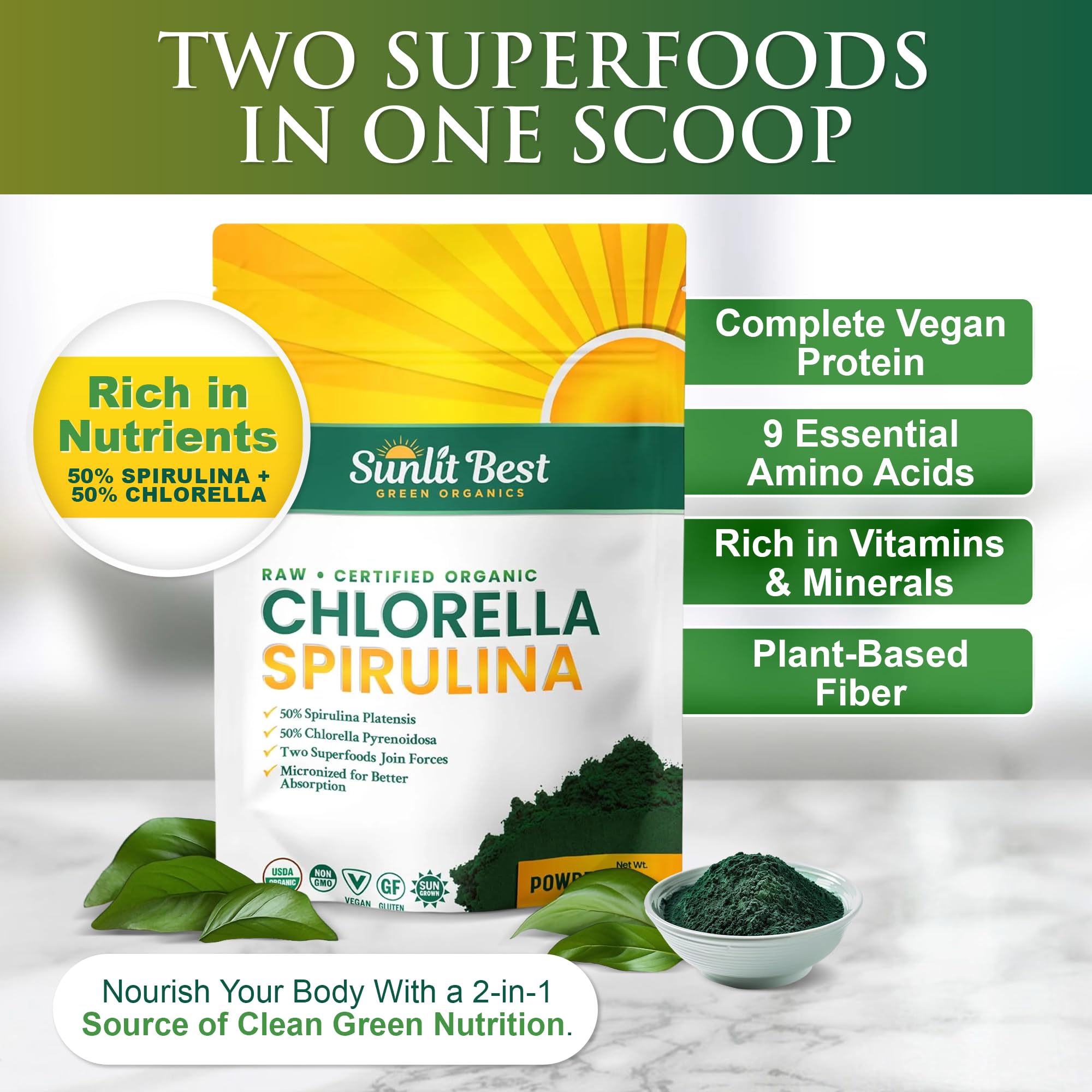 Sunlit Best Green Organics Chlorella Spirulina Powder back packaging view