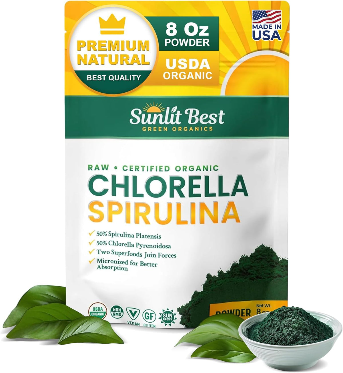 Sunlit Best Green Organics Chlorella Spirulina Powder front packaging view