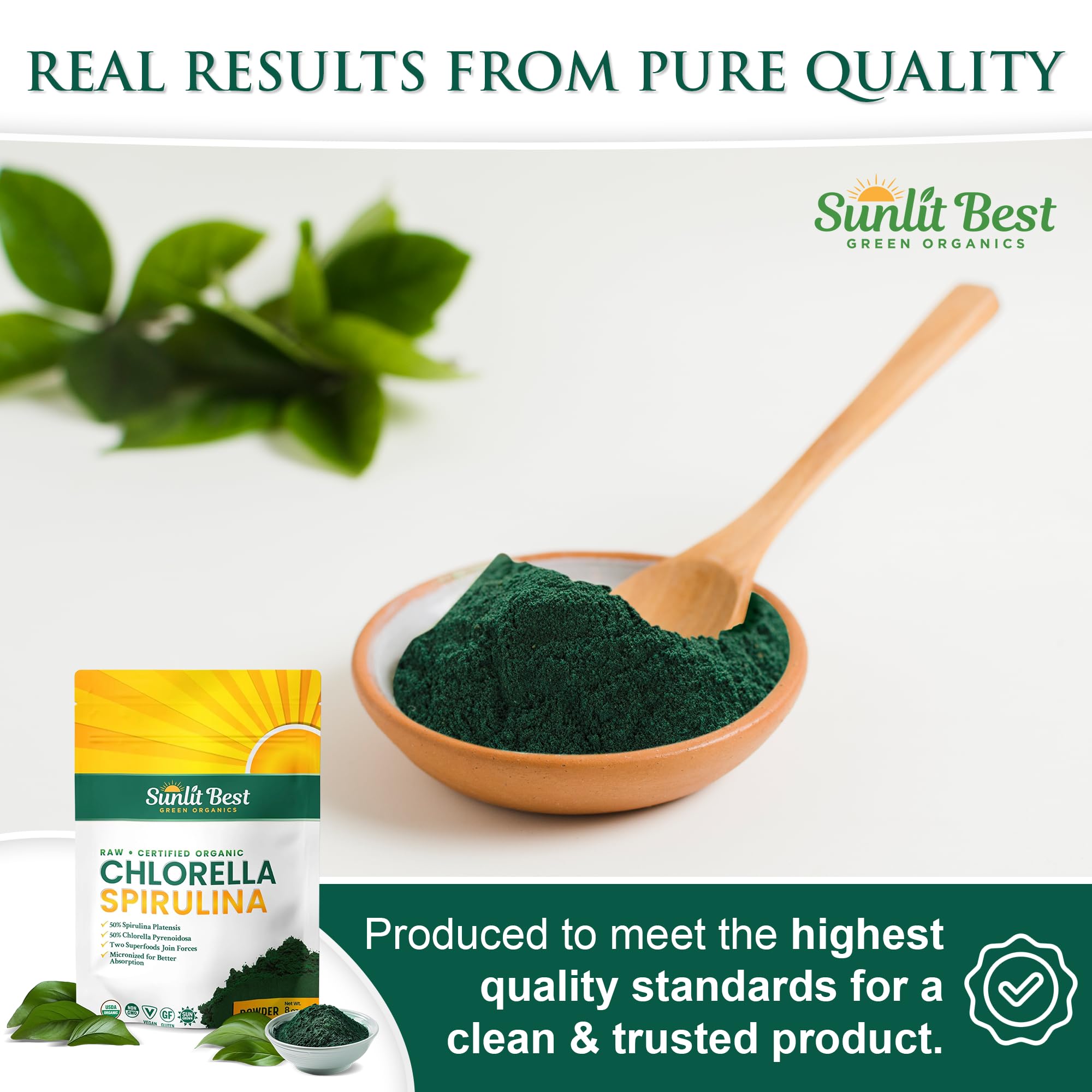 Sunlit Best Green Organics Chlorella Spirulina Powder in a clear glass container