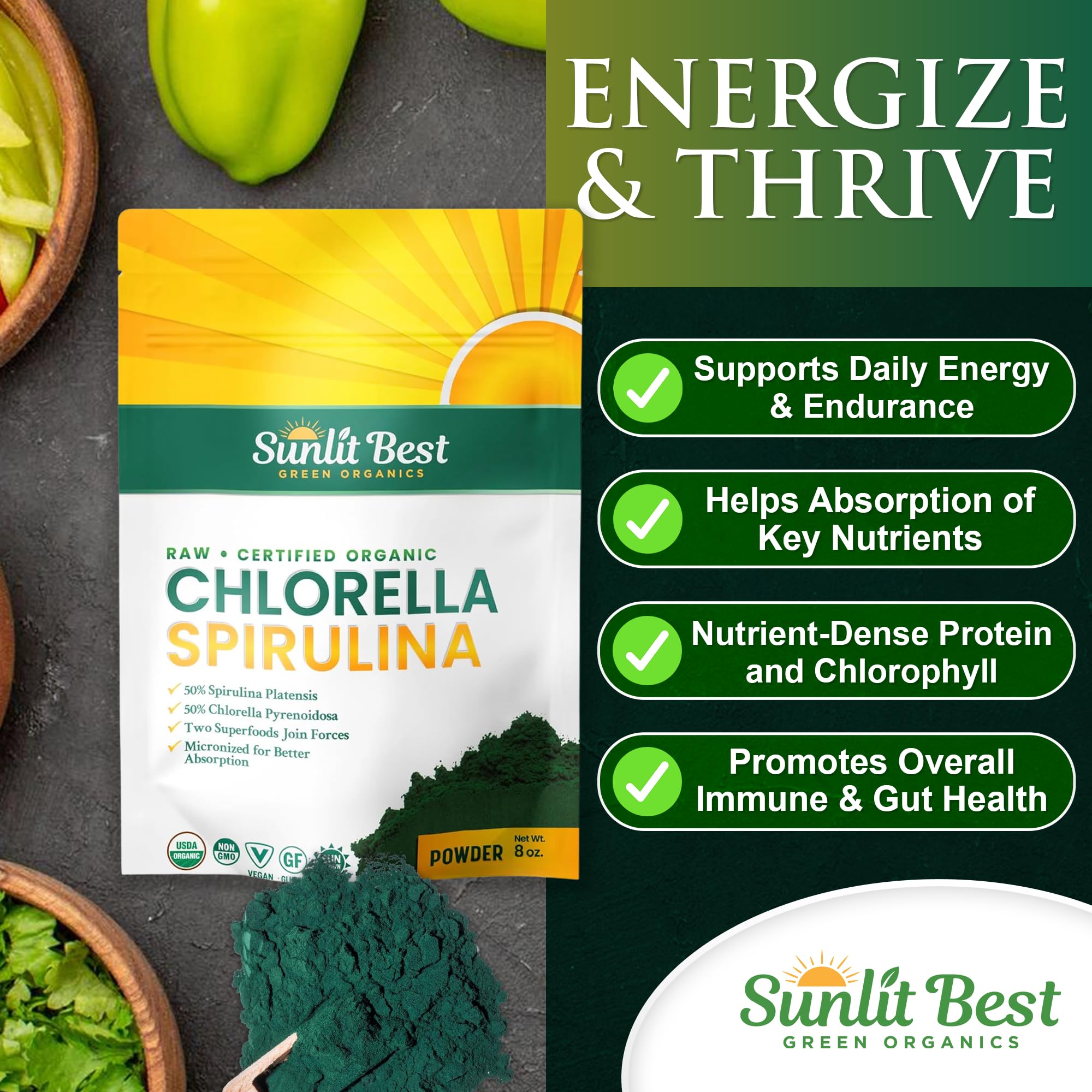 Sunlit Best Green Organics Chlorella Spirulina Powder mixed in a smoothie