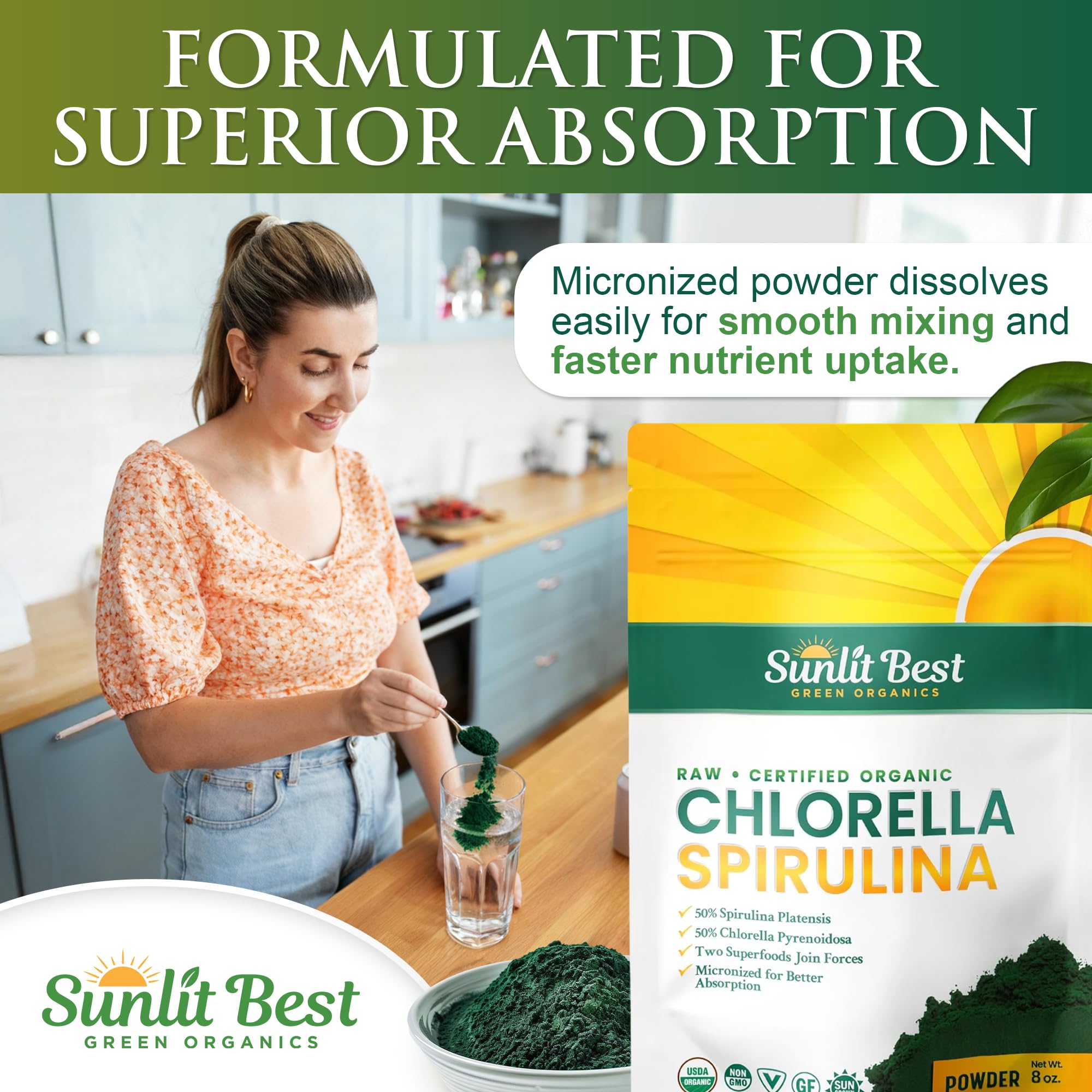 Sunlit Best Green Organics Chlorella Spirulina Powder with fresh fruits