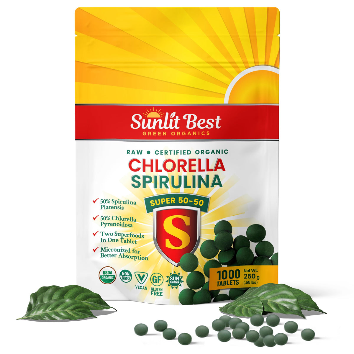 Sunlit Best Green Organics Chlorella Spirulina Tablets front view