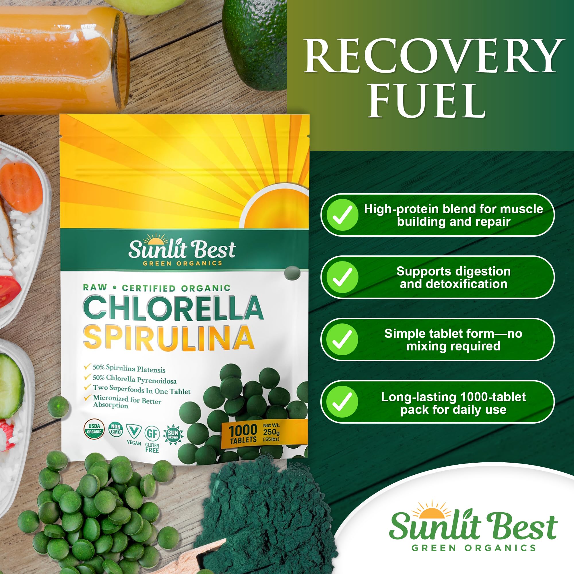 Sunlit Best Green Organics Chlorella Spirulina Tablets in a lifestyle setting