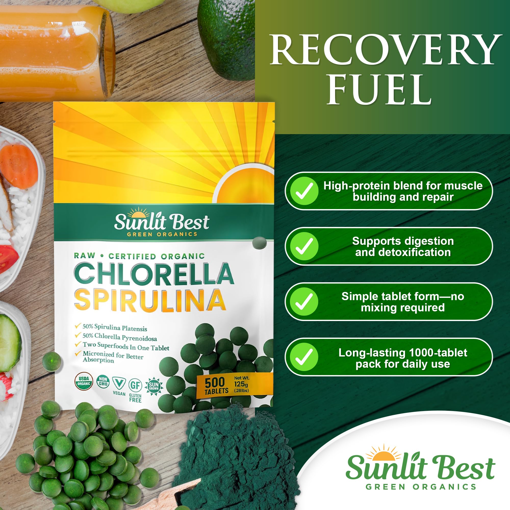 Sunlit Best Green Organics Chlorella Spirulina Tablets on a wooden table