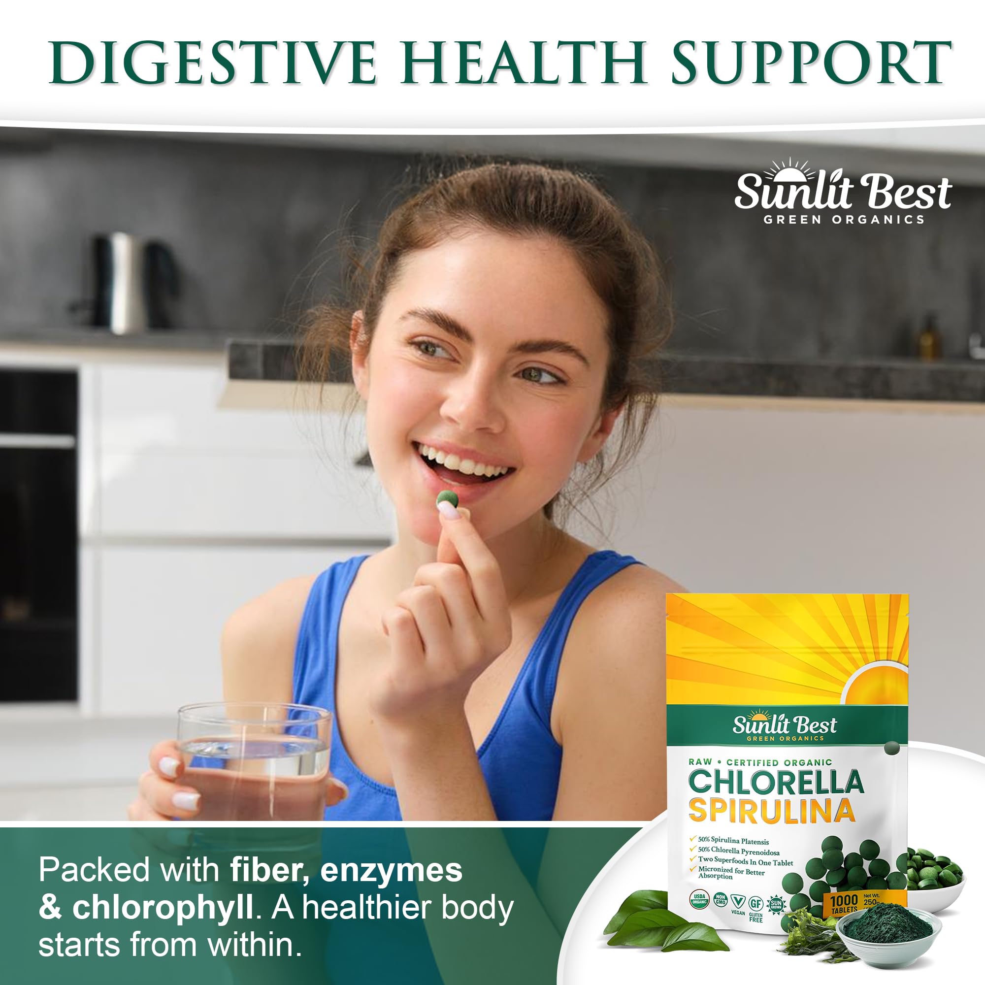 Sunlit Best Green Organics Chlorella Spirulina Tablets side view