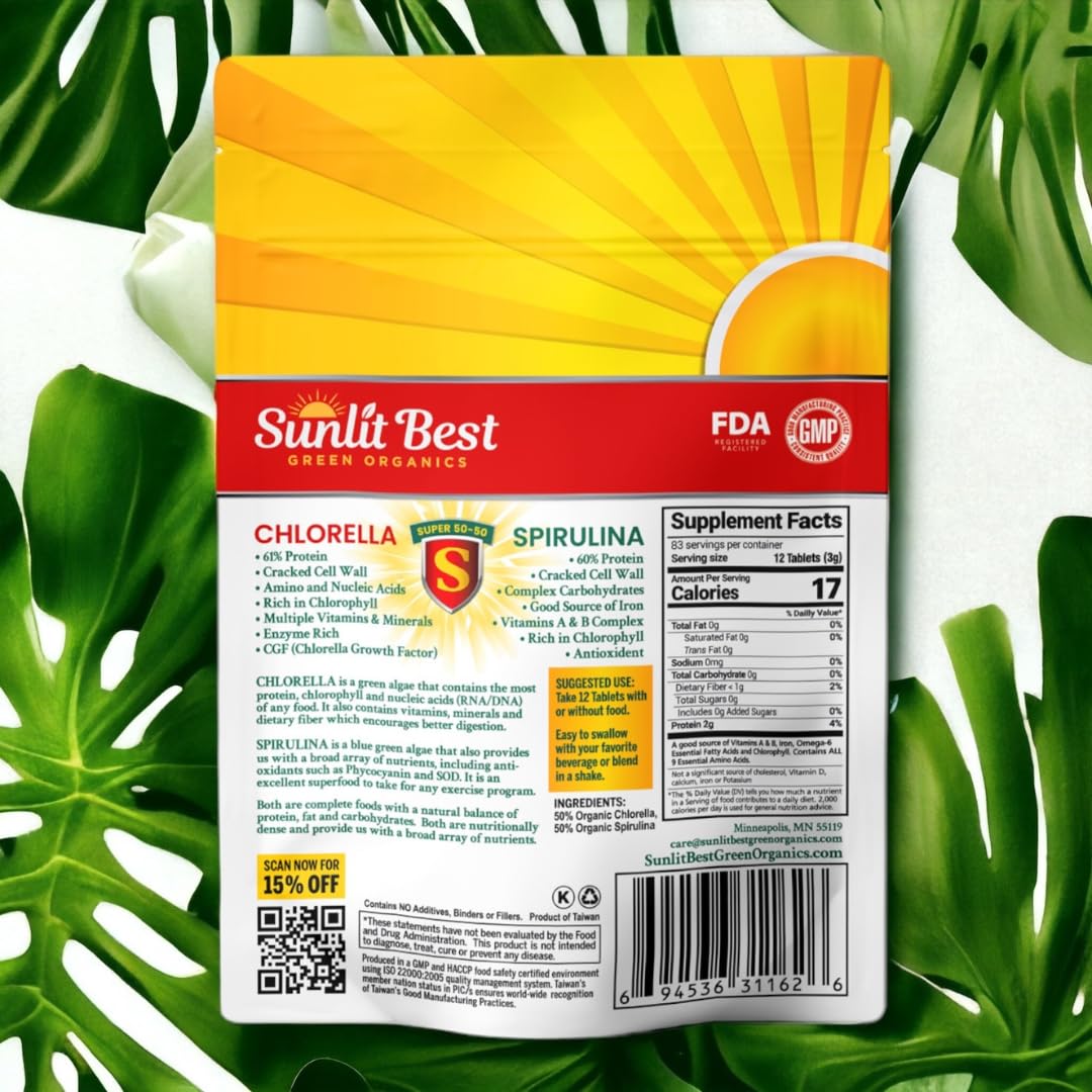 Sunlit Best Green Organics Chlorella Spirulina Tablets with a glass of water