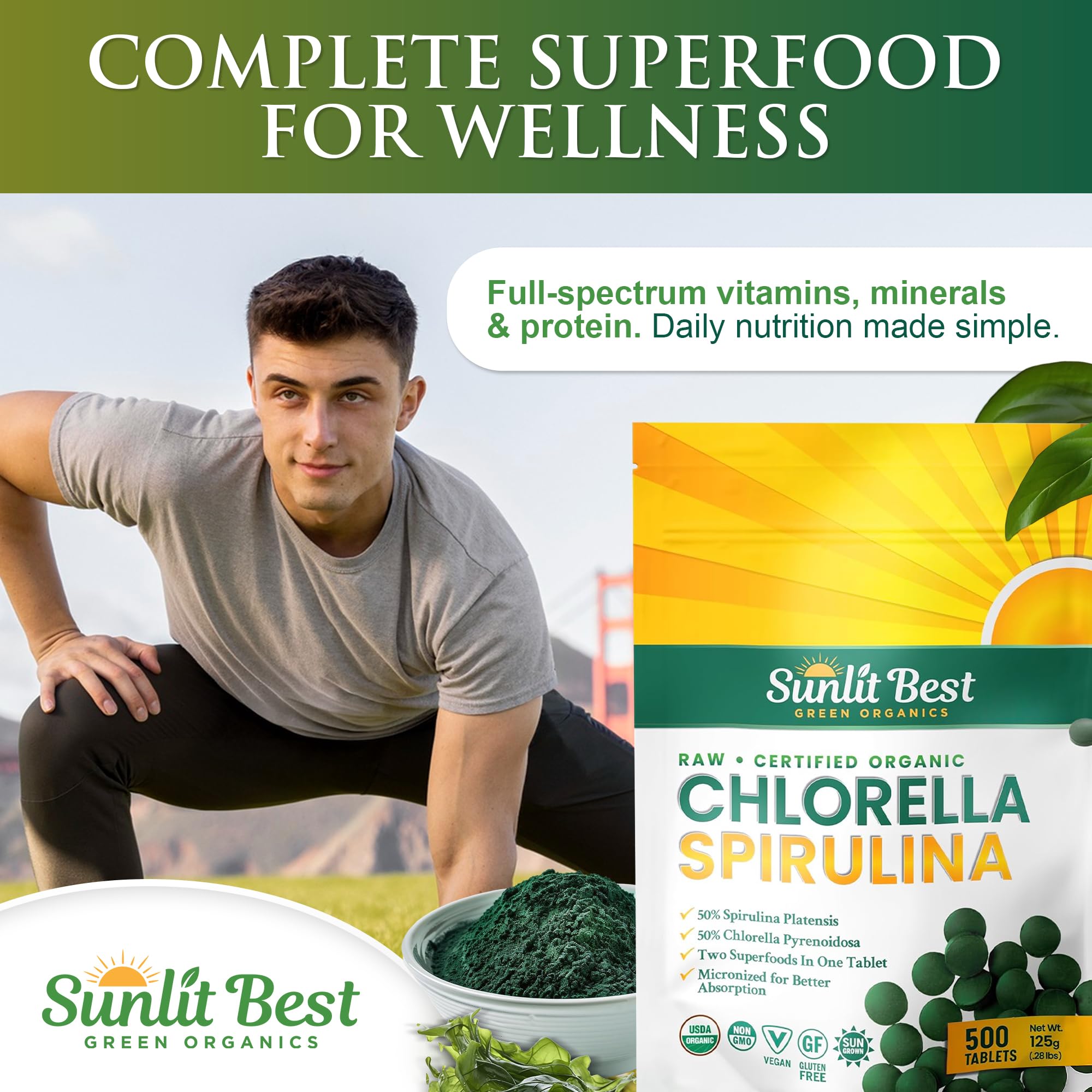 Sunlit Best Green Organics Chlorella Spirulina Tablets with a measuring spoon